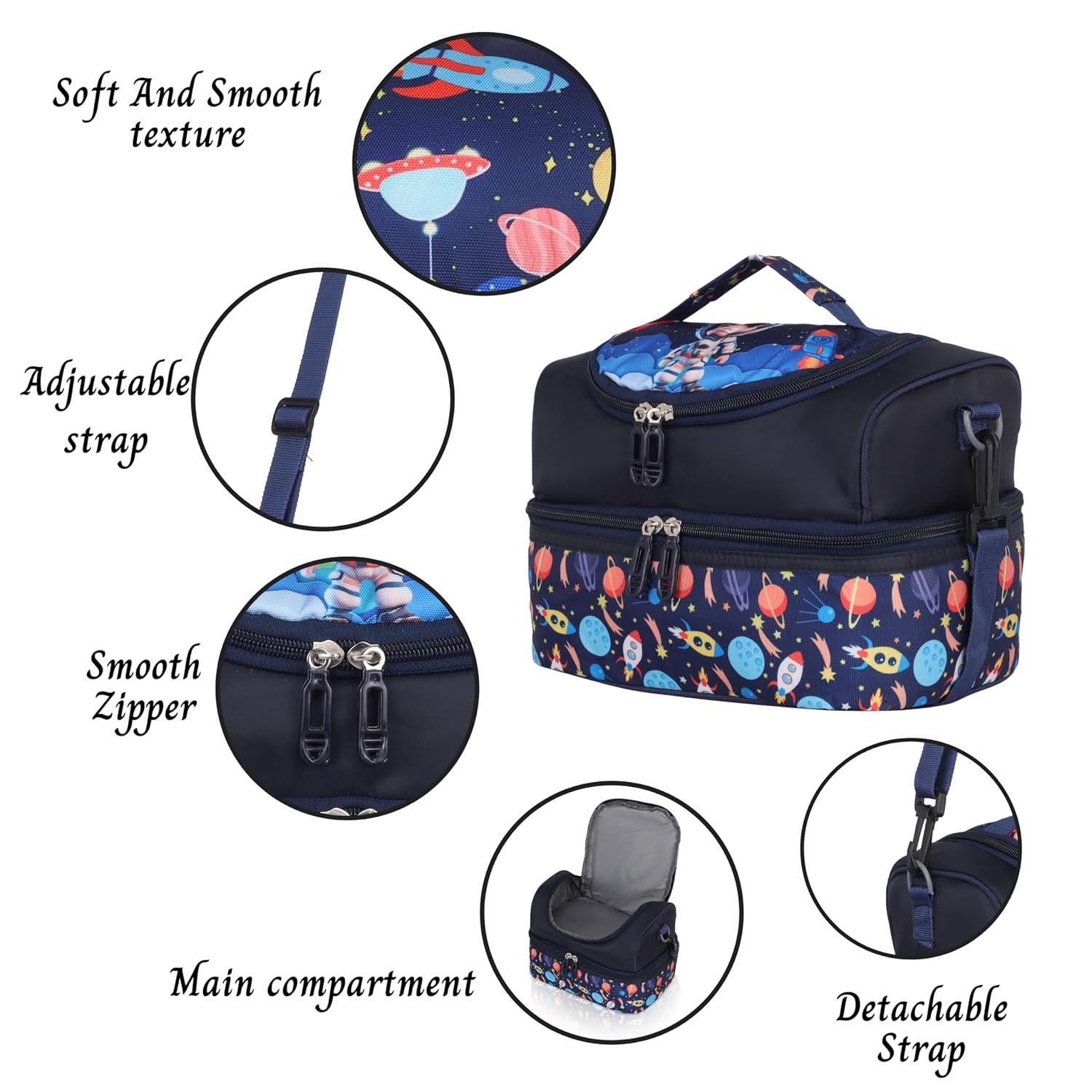 Echo Boomers Blue Space Printed Double Layer Insulated Tiffin Lunch Bag with Detachable Strap