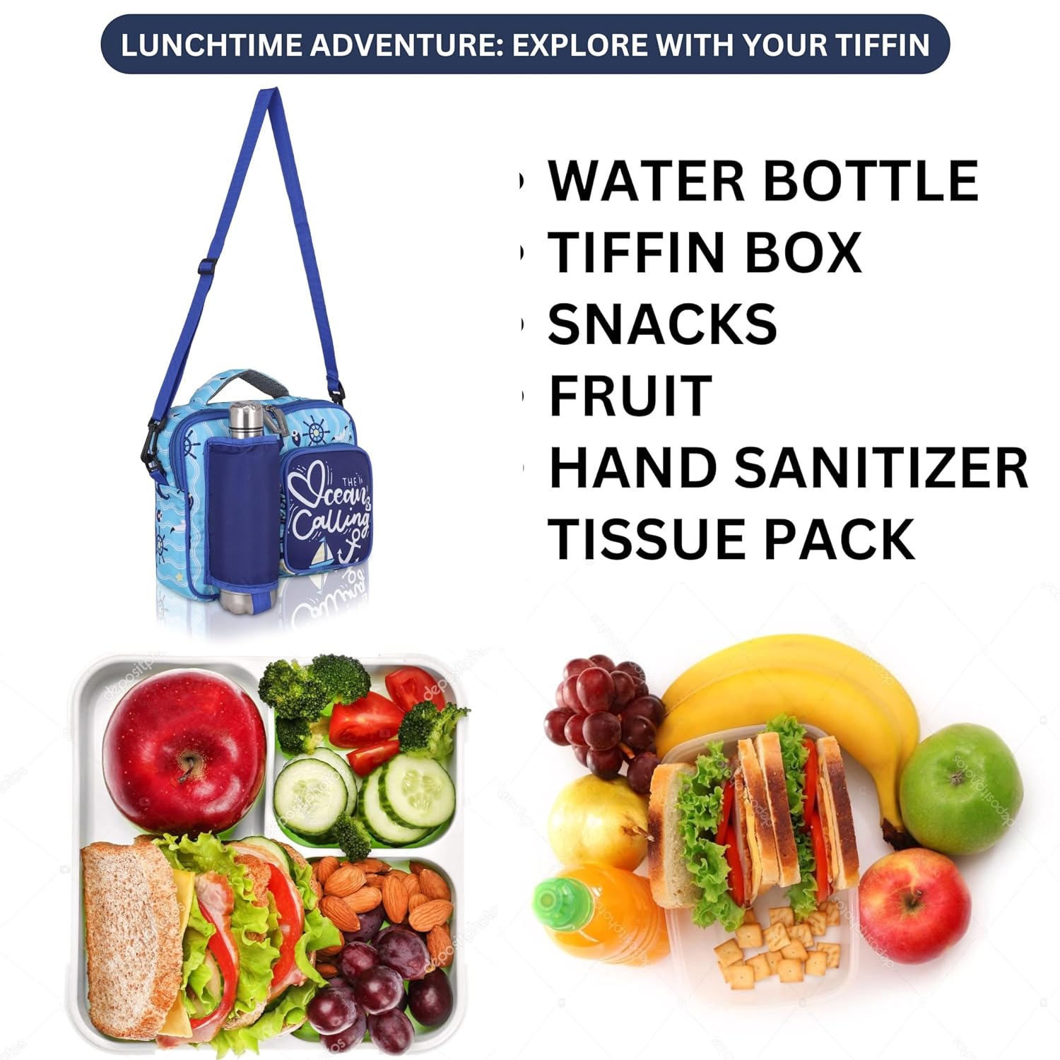 Echo Boomers Blue Ocean Print Insulated Tiffin Lunch Bags for Kids with Multi Zipper Pockets