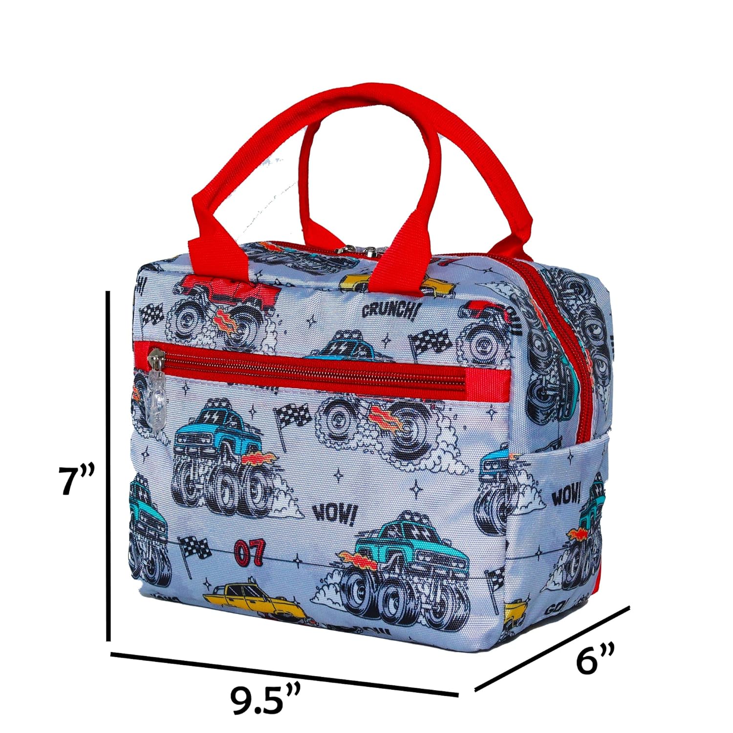 Echo Boomers Tractor Printed Insulated Lunch Bag, Tiffin and Food Storage Bag for Work, Students, Office, Picnic, College & School with Multiple Zipper Pockets (Red)