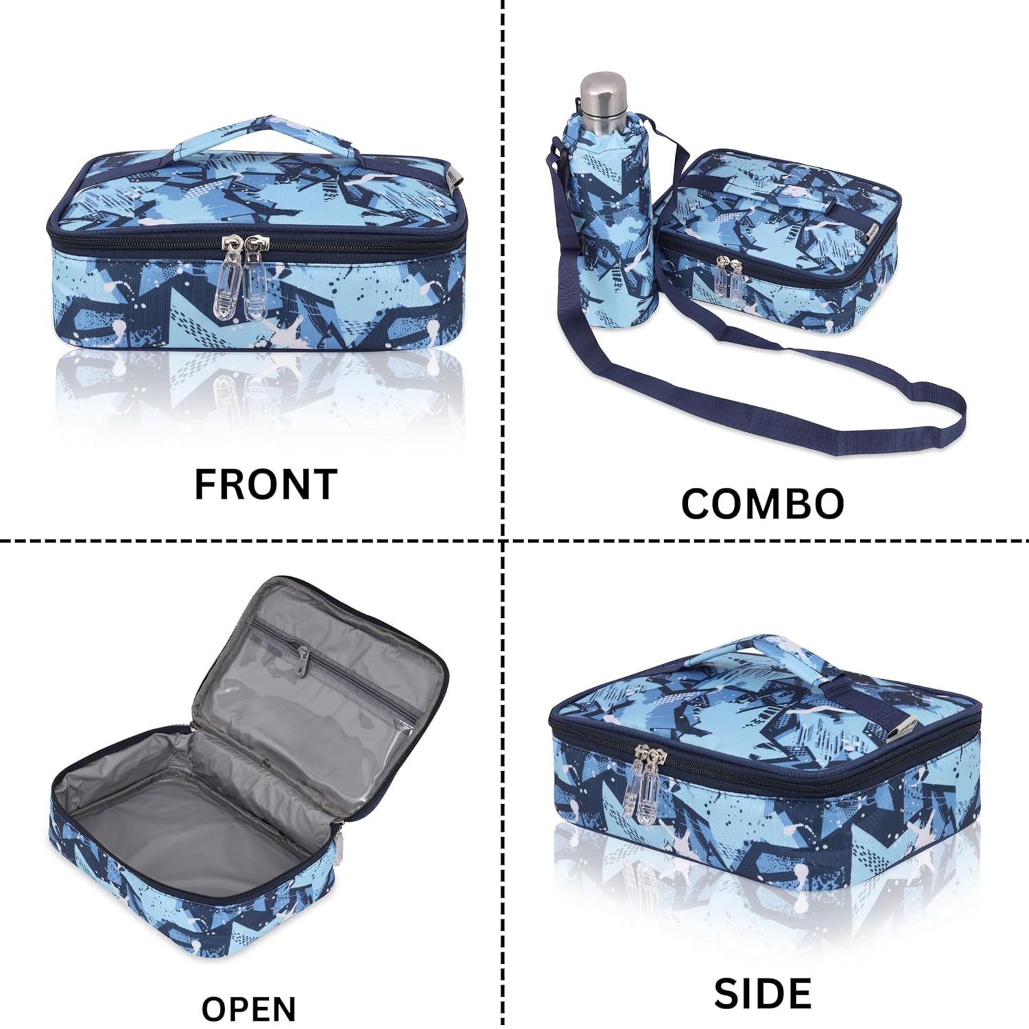 Echo Boomers Stars Theme Pinted Small Insulated Lunch Bag with Mesh Compartment & Water Bottle - Blue