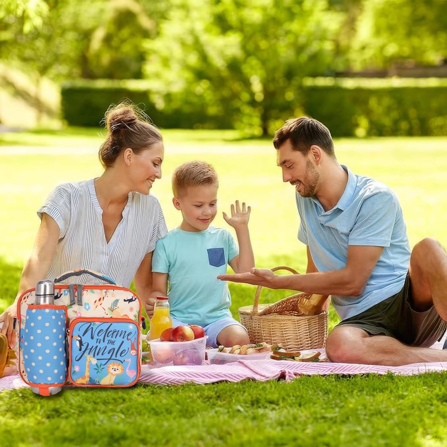 Echo Boomers Bleu Animal Print Insulated Tiffin Lunch Bags for Kids with Multi Zipper Pockets