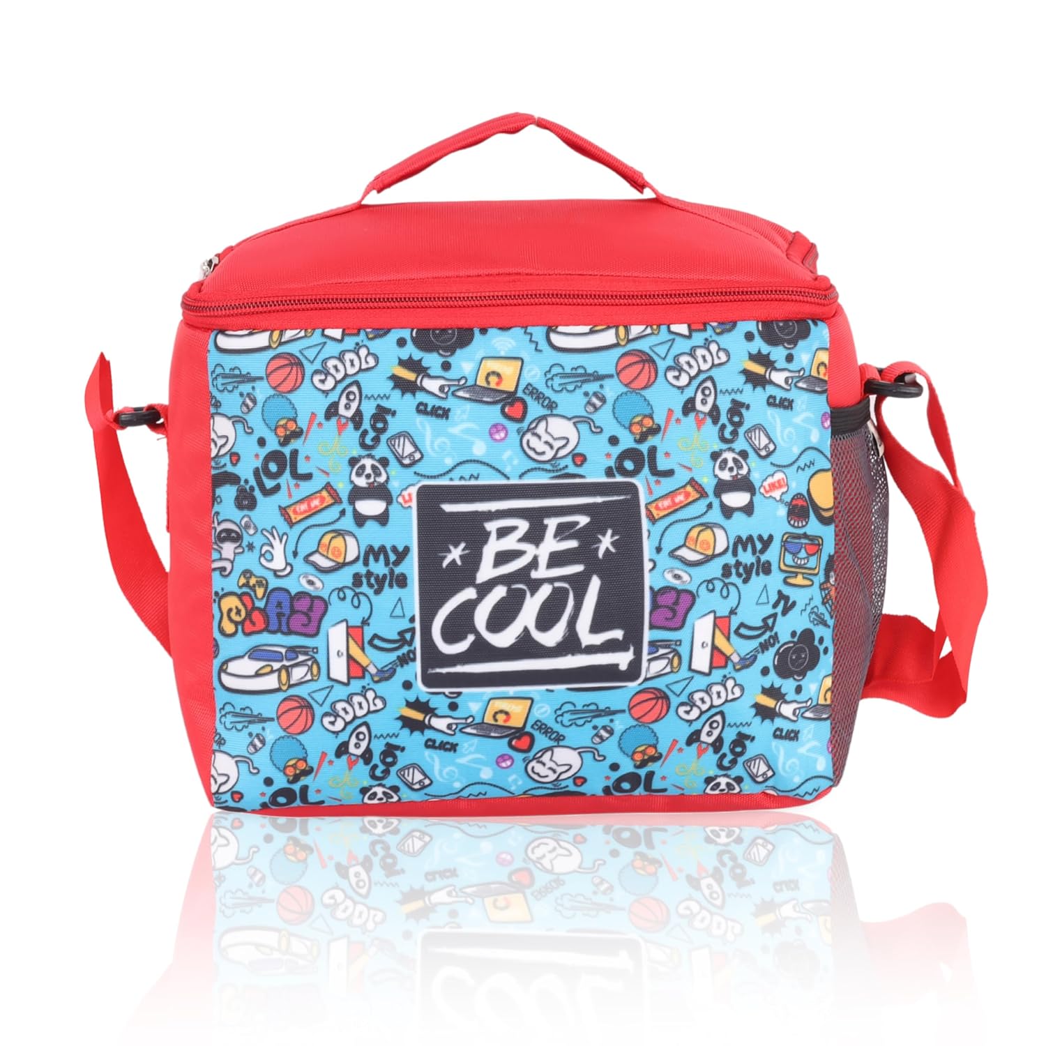 Echo Boomers Cool Printed Insulated Lunch Bag, Tiffin and Food Storage Bag for Work, Students, Office, Picnic, College & School with Bottle Holder & Multiple Zipper Pockets (Blue)