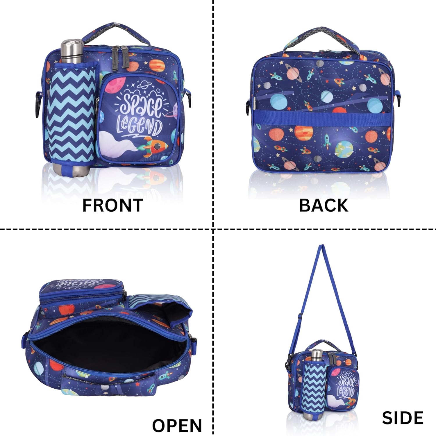 Echo Boomers Space Print Blue Insulated Tiffin Lunch Bags for Kids with Multi Zipper Pockets