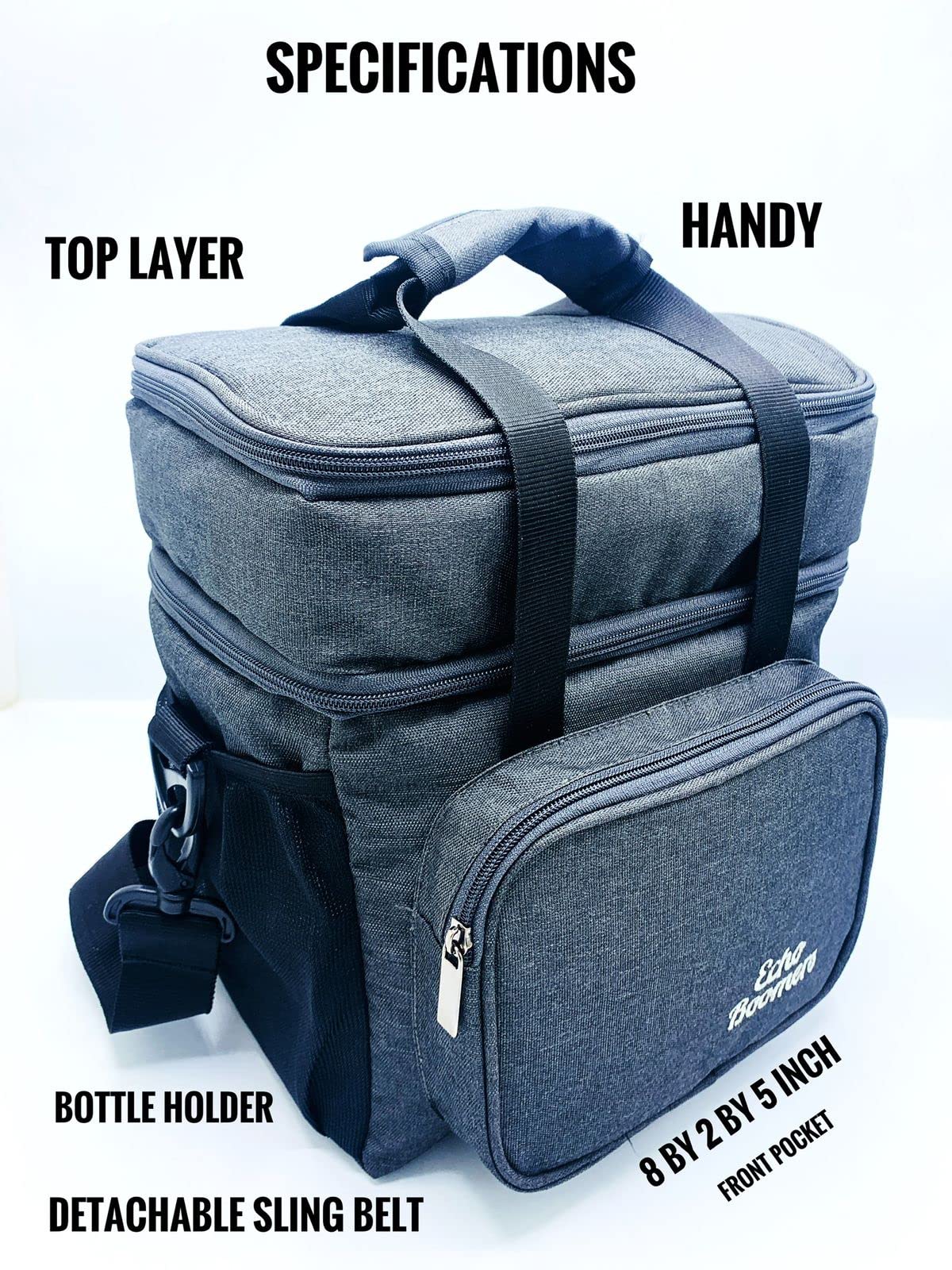 Echo Boomers Grey Colour Solid Textured Large Insulated Tiffin Lunch Double Bag with Multi Zipper Pockets Lunch Double for Men, Women and Teens,Tiffin Bag for Work,Office |