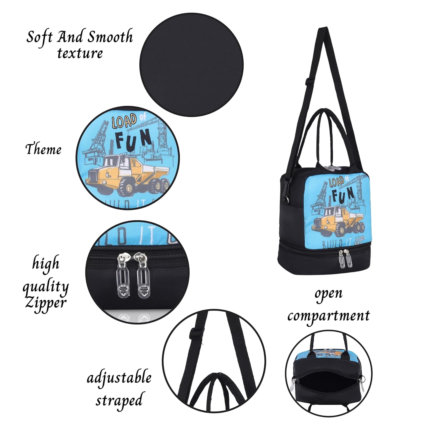 Echo Boomers Double Layer Insulated Tiffin Lunch Bag - Cool Blue Cars Print, Multi Pockets & Long Strap