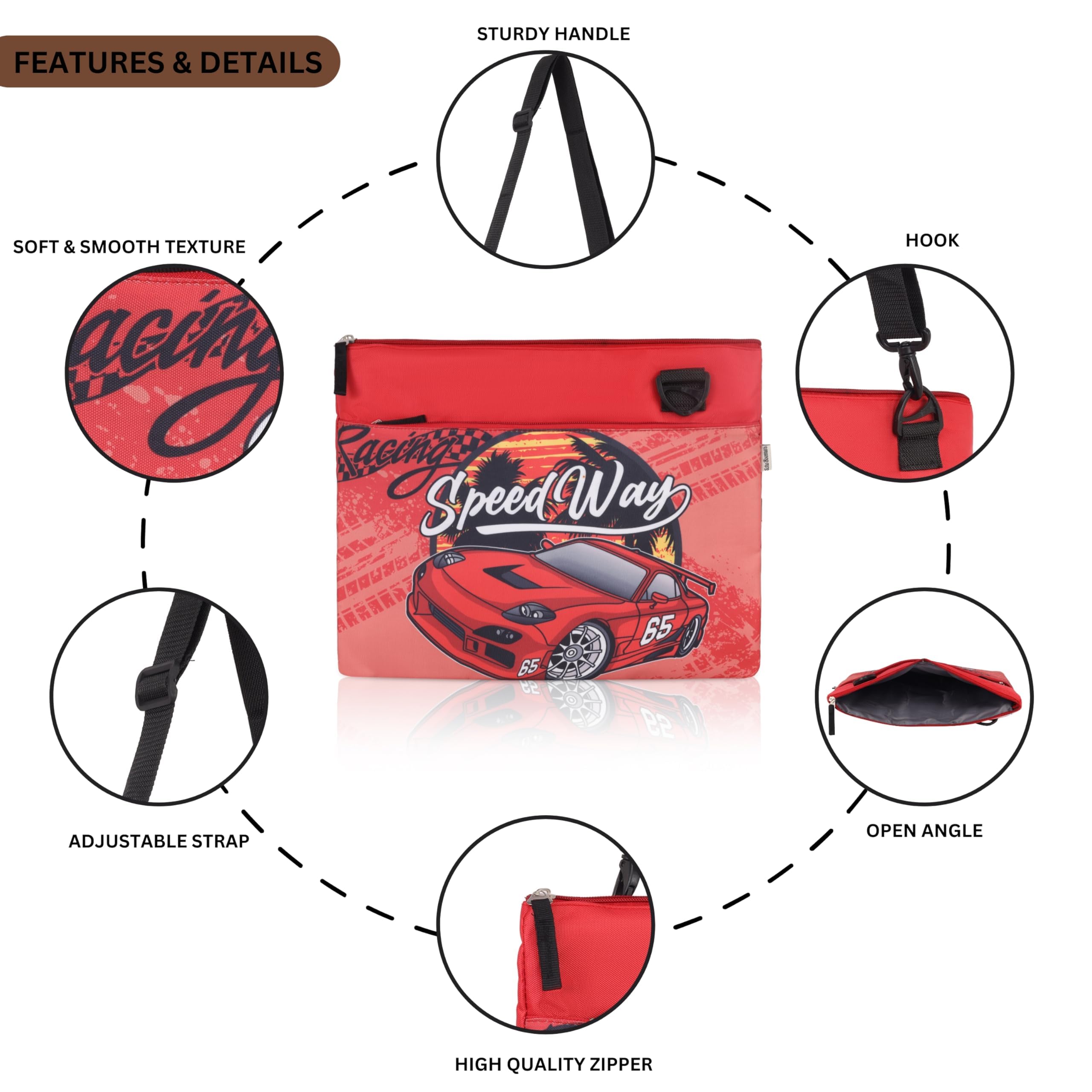 Echo Boomers Racing Car Themed Design Exam & Activity Sling Bag | 3 Compartments | Cushioned & Detachable Strap | Ideal for Outdoor Travel