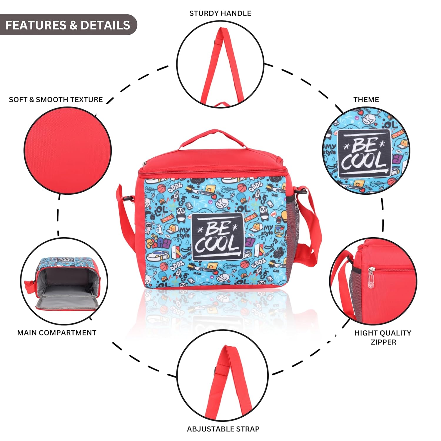 Echo Boomers Cool Printed Insulated Lunch Bag, Tiffin and Food Storage Bag for Work, Students, Office, Picnic, College & School with Bottle Holder & Multiple Zipper Pockets (Blue)