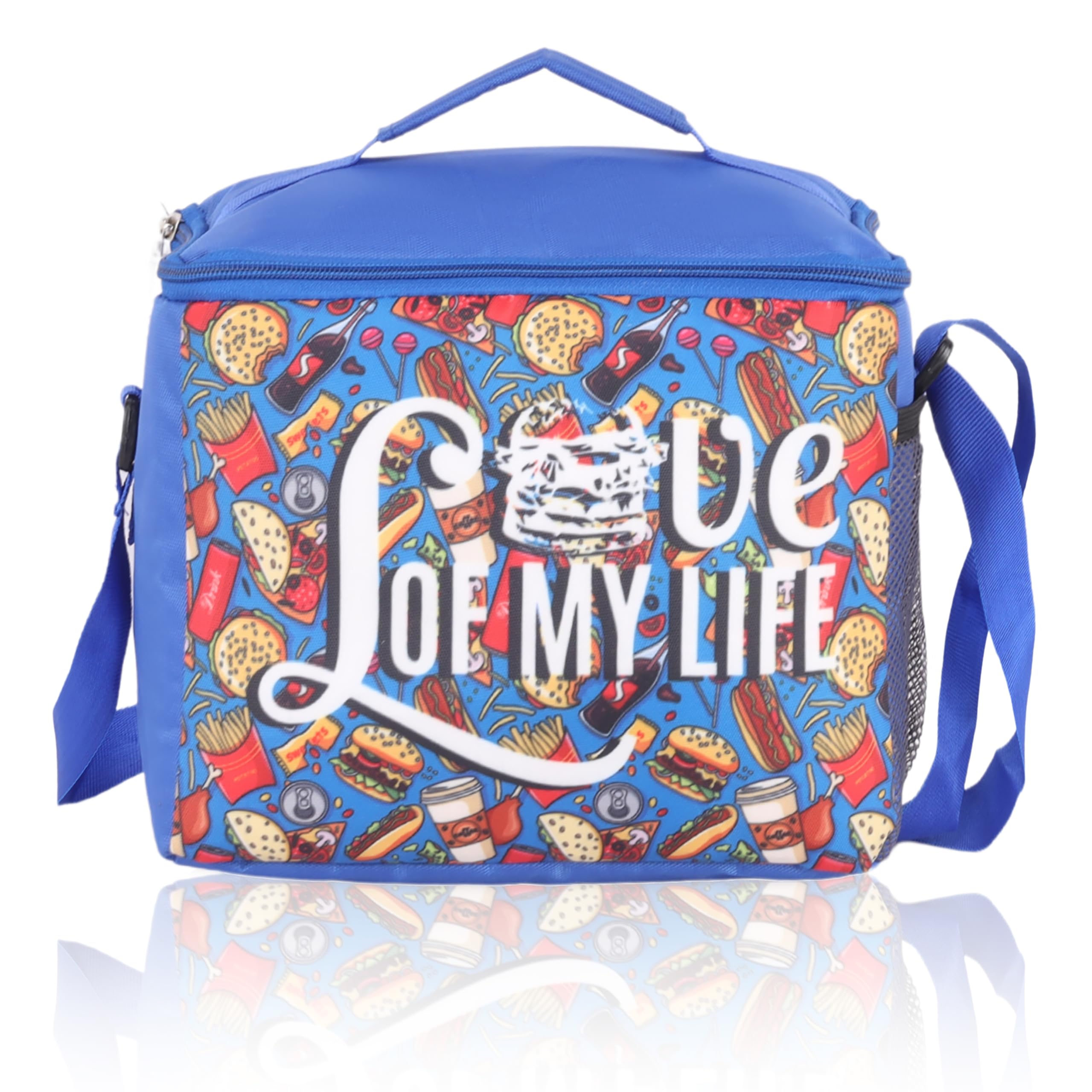 Echo Boomers Cool Printed Insulated Lunch Bag, Tiffin and Food Storage Bag for Work, Students, Office, Picnic, College & School with Bottle Holder & Multiple Zipper Pockets (Blue)