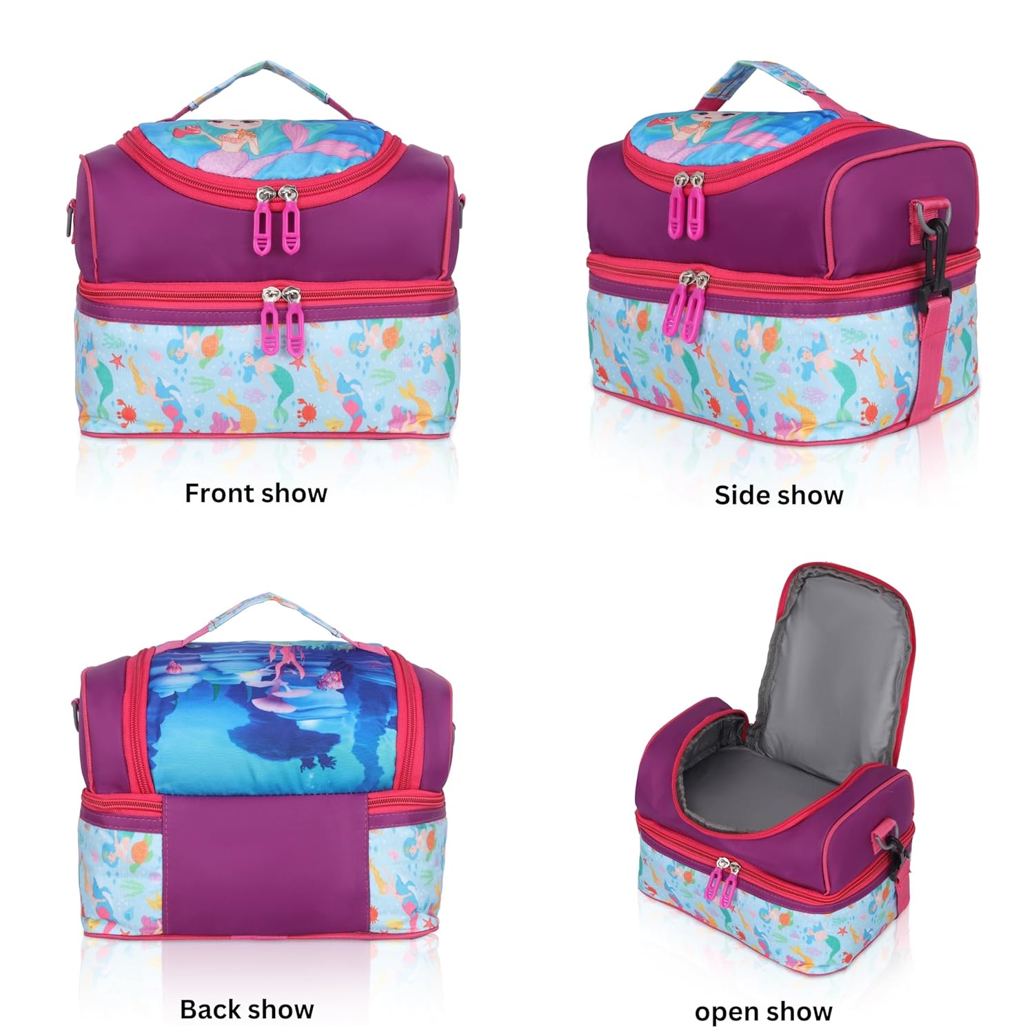 Echo Boomers Maroon Mermaid Printed Double Layer Insulated Tiffin Lunch Bag with Detachable Strap