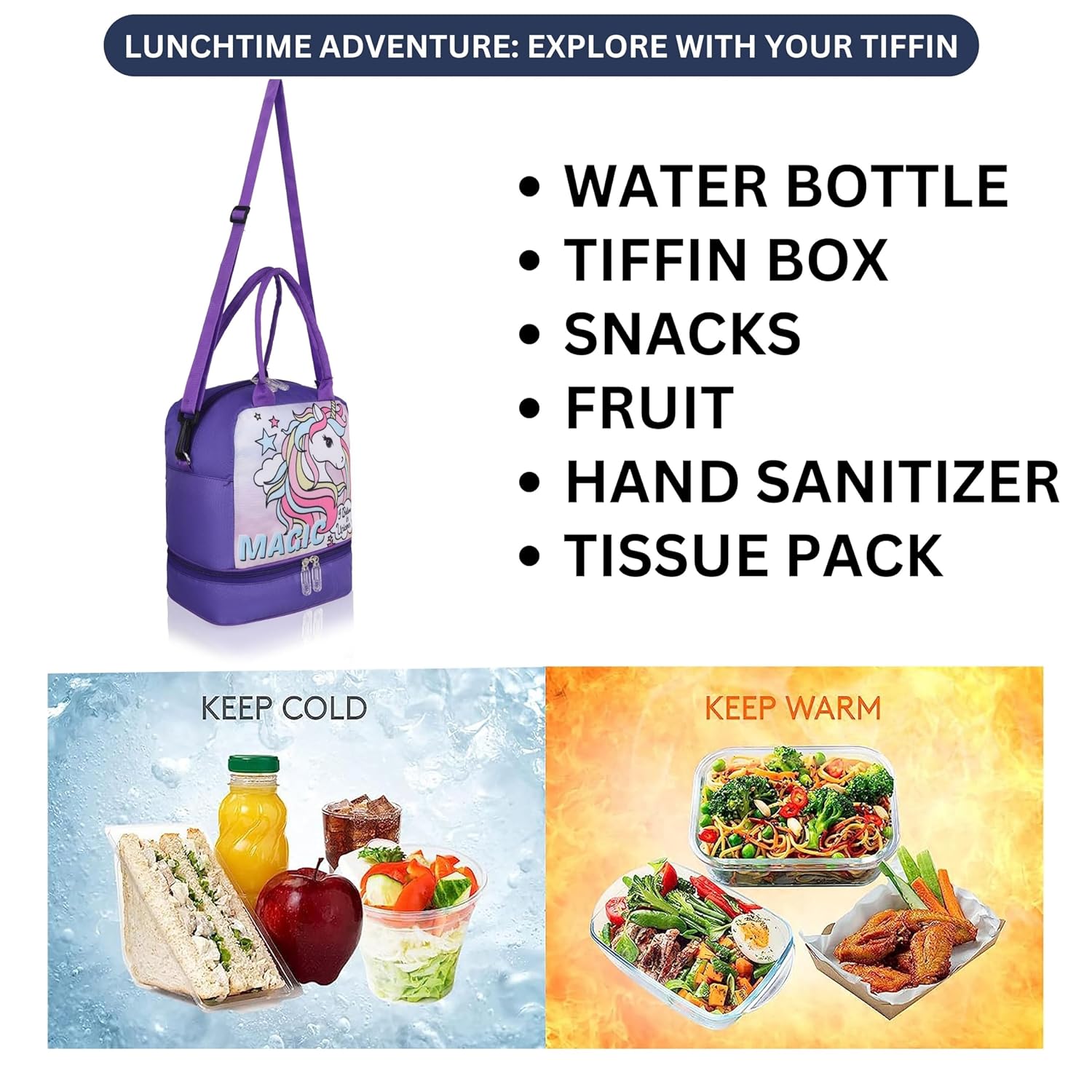 Echo Boomers Double Layer Insulated Tiffin Lunch Bag - Magical Purple Unicorn Print, Multi Pockets & Long Strap