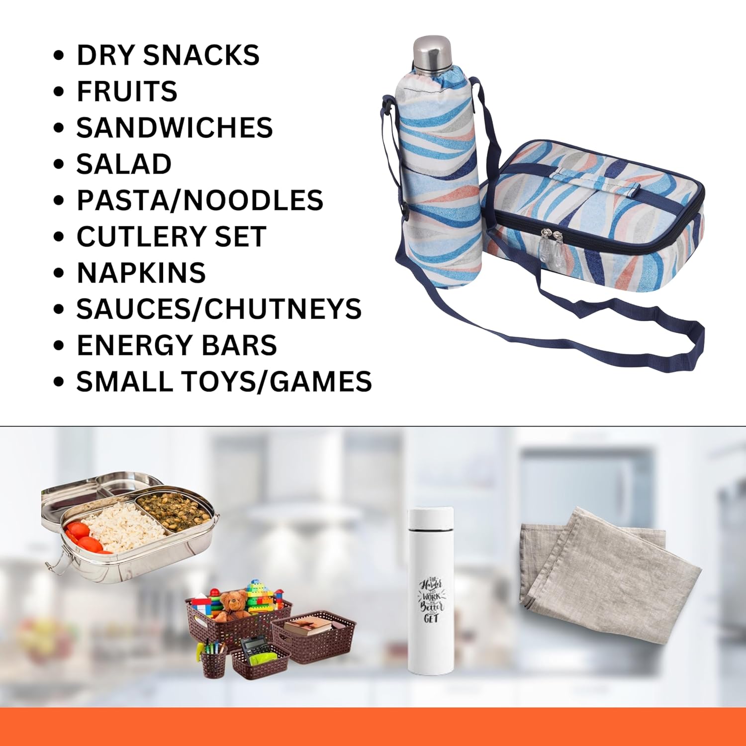 Echo Boomers Stripes Theme Printed Large Insulated Lunch Bag with Mesh Compartment & Water Bottle Combo - Sky Blue