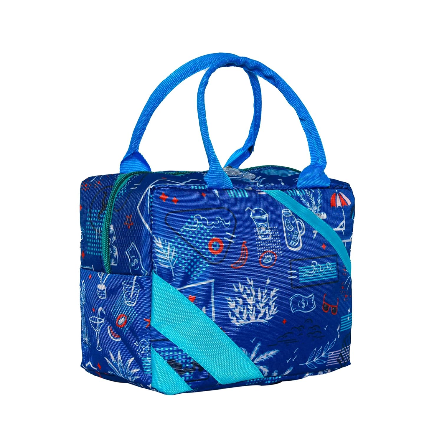 Echo Boomers Beach Printed Insulated Lunch Bag, Tiffin and Food Storage Bag for Work, Students, Office, Picnic, College & School with Multiple Zipper Pockets (Blue)