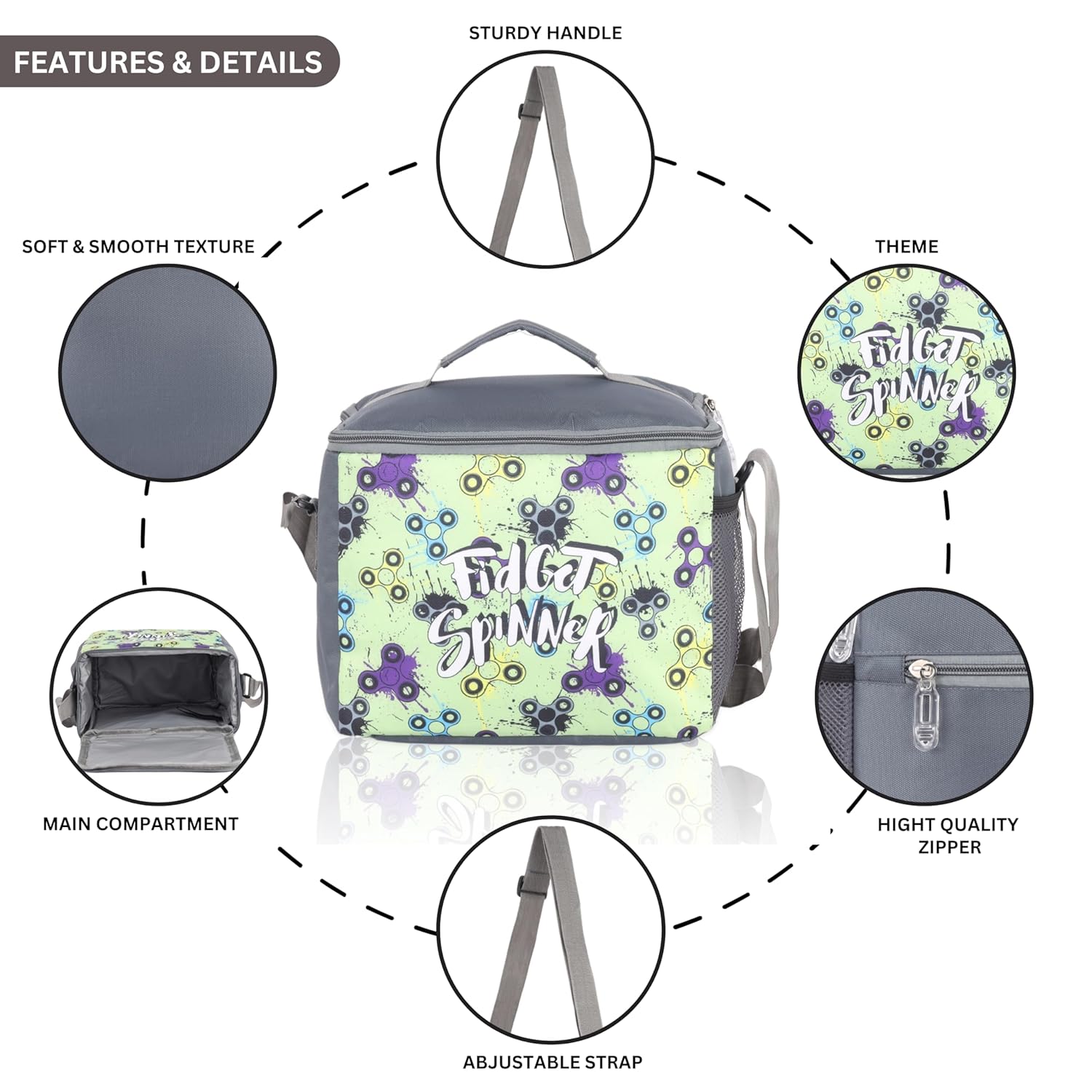 Echo Boomers Fidget Printed Insulated Lunch Bag, Tiffin and Food Storage Bag for Work, Students, Office, Picnic, College & School with Bottle Holder & Multiple Zipper Pockets