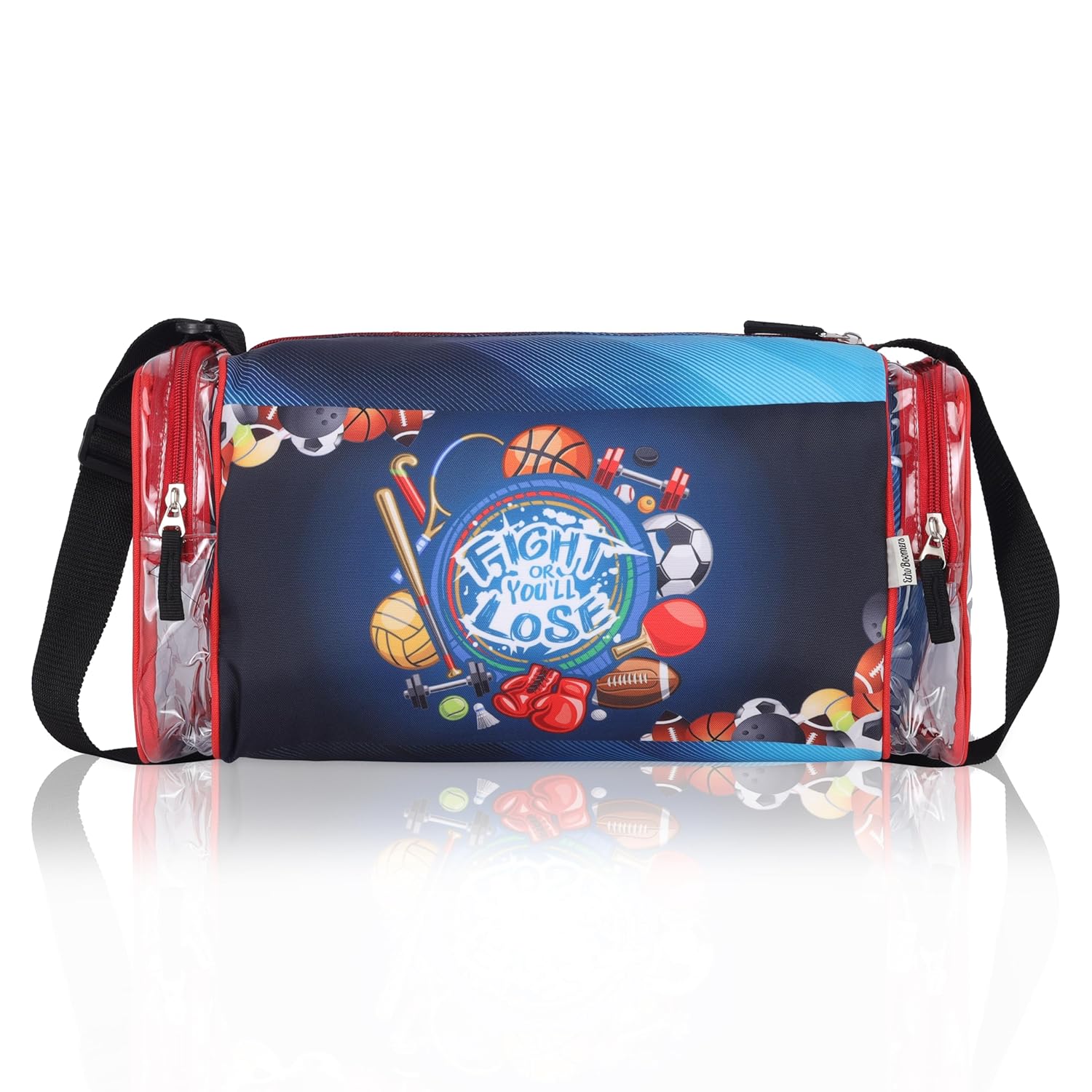 Echo Boomers Red Sports Print Square Travel Duffle Gym Luggage Bag with PVC Side Compartments