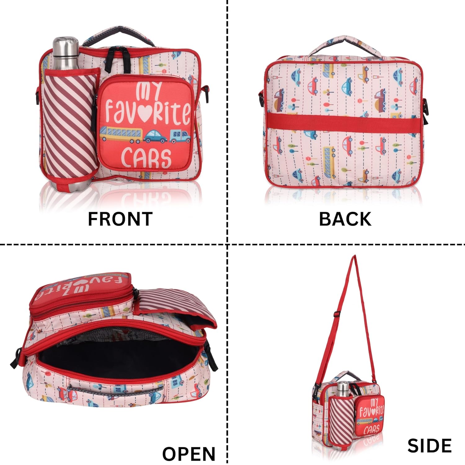 Echo Boomers Red Cars Print Insulated Tiffin Lunch Bags for Kids with Multi Zipper Pockets