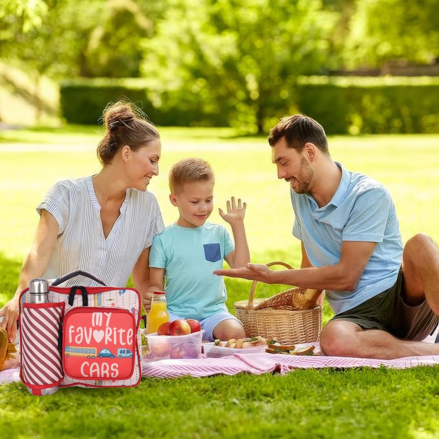 Echo Boomers Red Cars Print Insulated Tiffin Lunch Bags for Kids with Multi Zipper Pockets