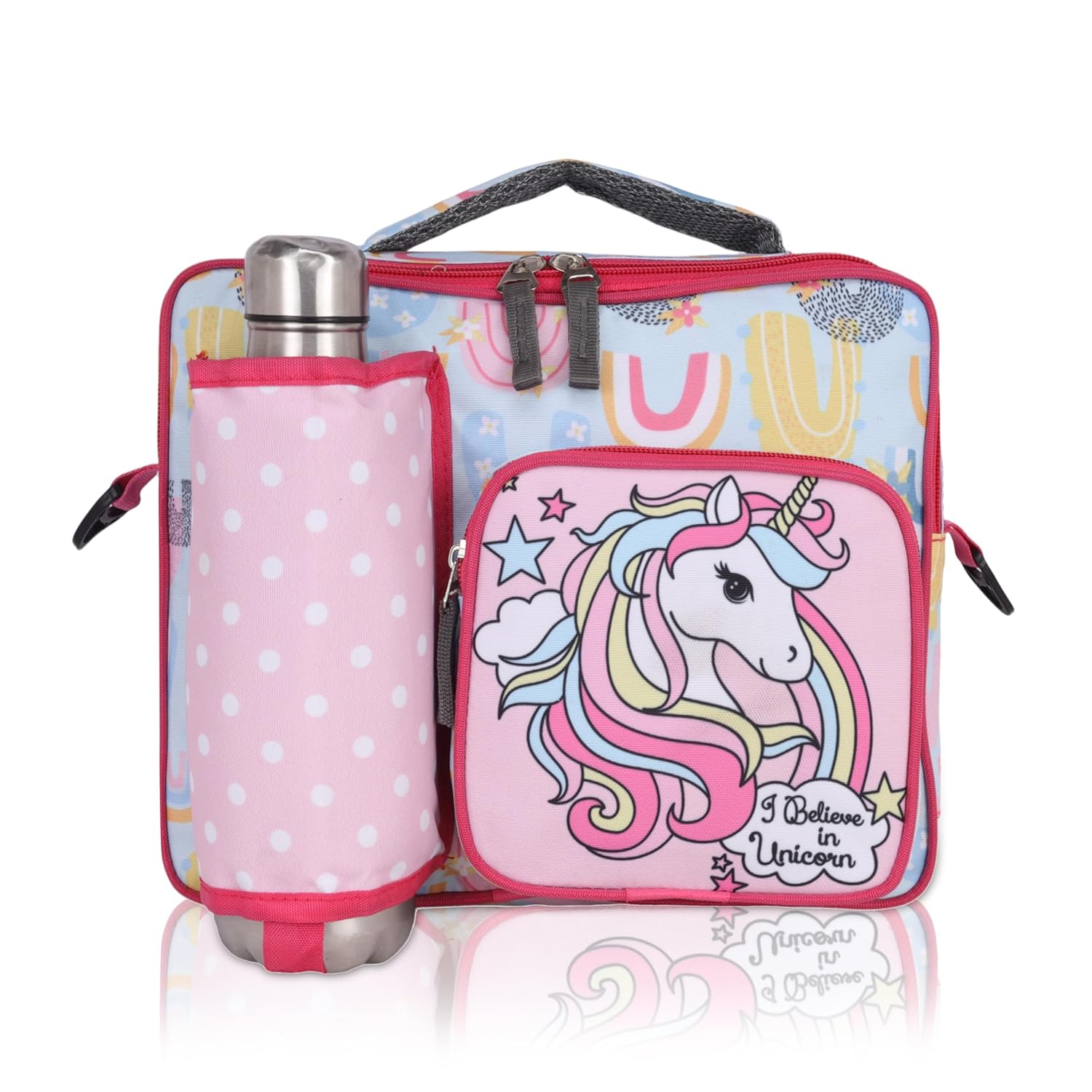 Echo Boomers Unicorn Print Pink Insulated Tiffin Lunch Bags for Kids with Multi Zipper Pockets