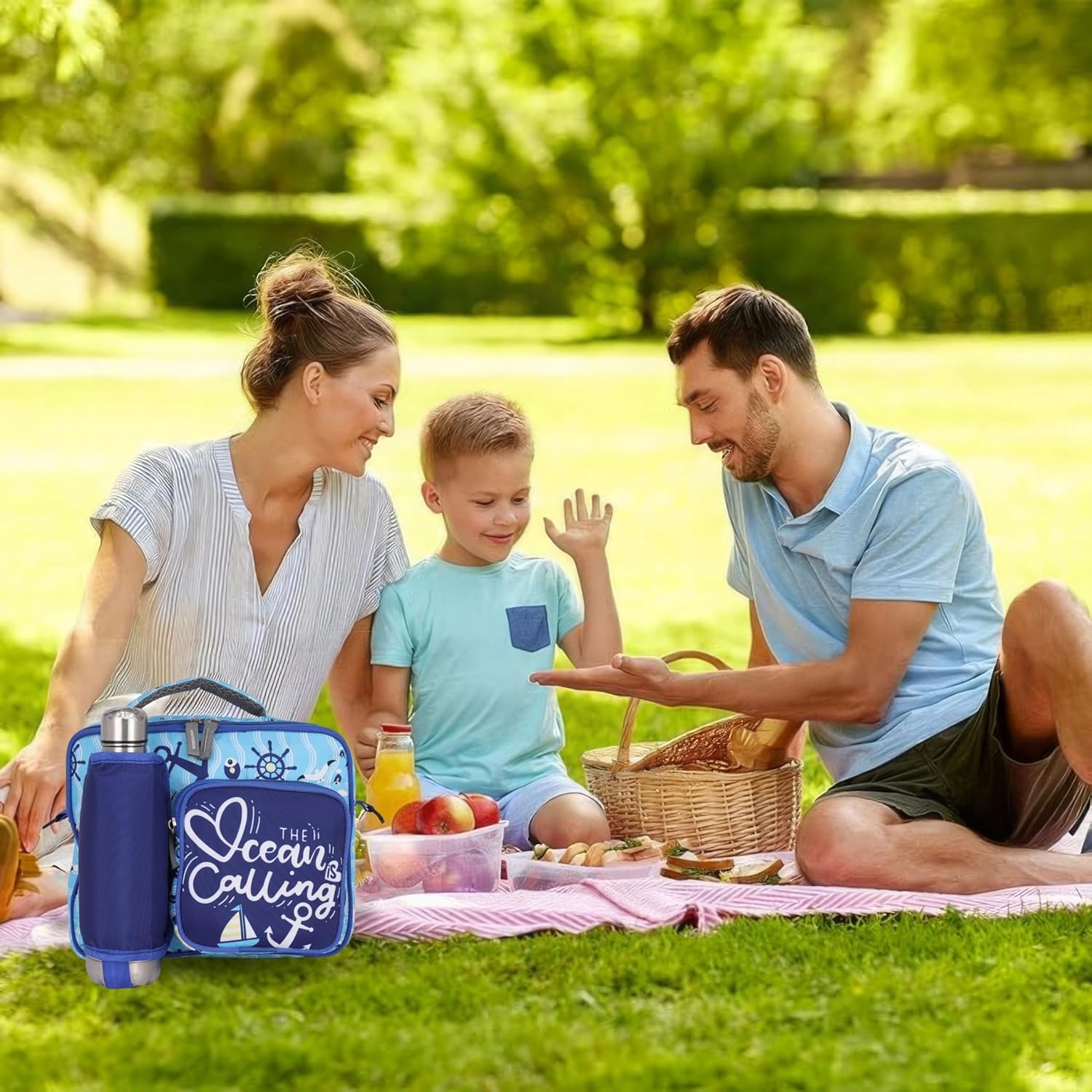 Echo Boomers Blue Ocean Print Insulated Tiffin Lunch Bags for Kids with Multi Zipper Pockets