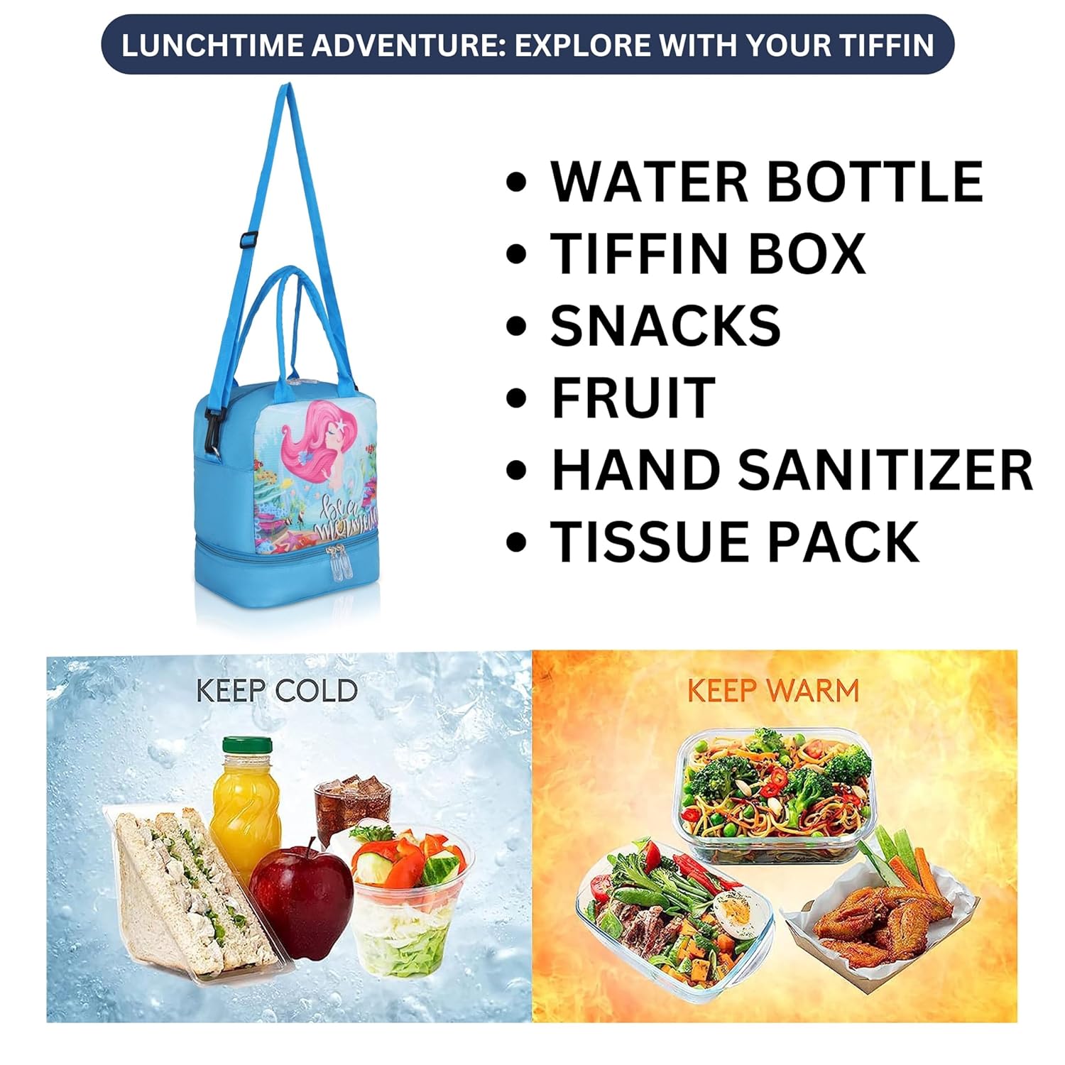 Echo Boomers Double Layer Insulated Tiffin Lunch Bag - Cool Blue Mermaid Print, Multi Pockets & Long Strap