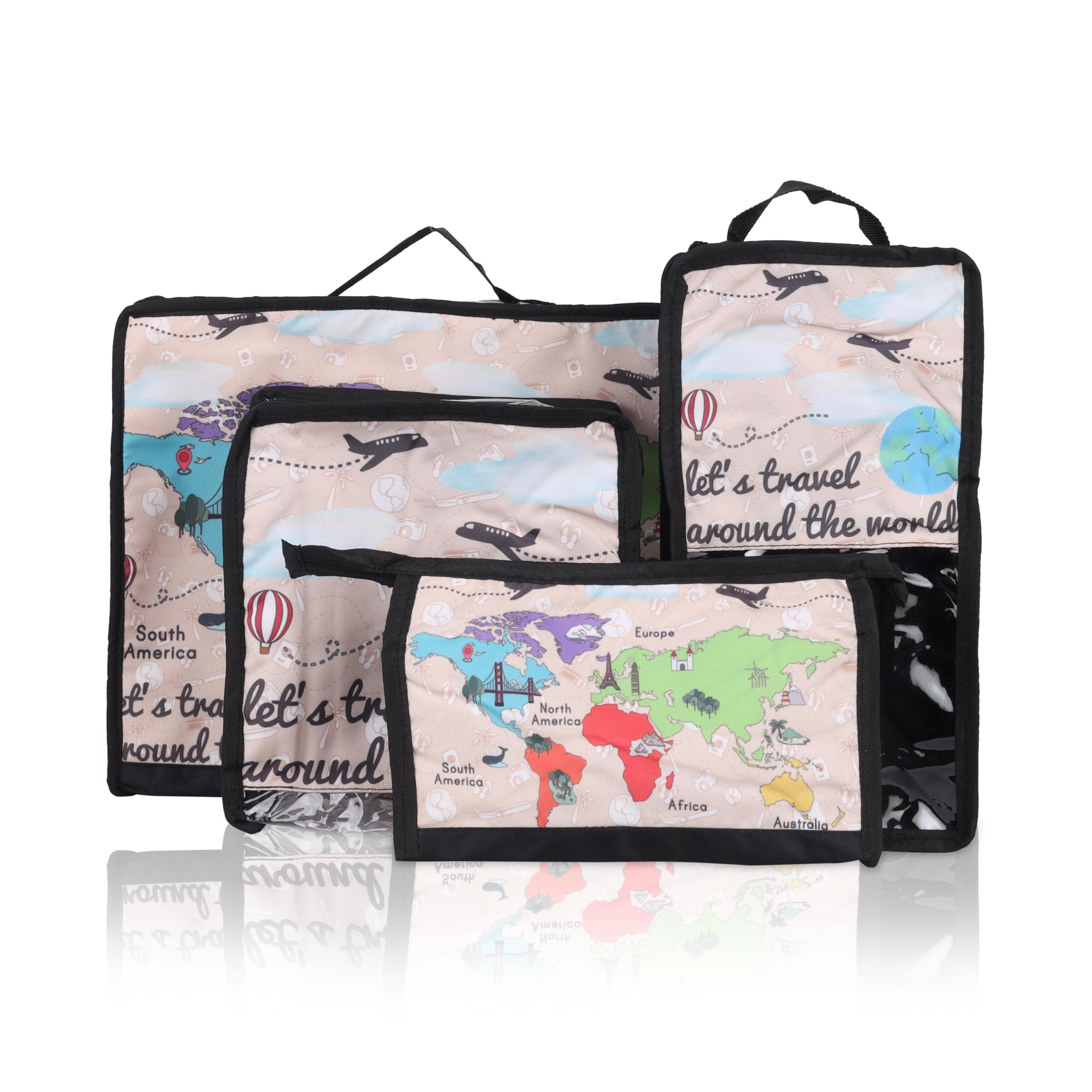 Echo Boomers Wanderlust 4-Piece Travel Organizer Set | Travel accessories - Red and Sky Blue Packing Cubes with Global Travel Print