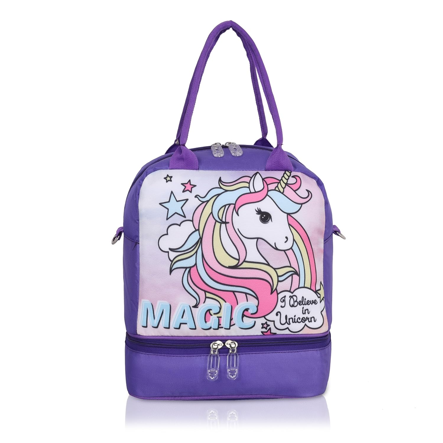 Echo Boomers Double Layer Insulated Tiffin Lunch Bag - Magical Purple Unicorn Print, Multi Pockets & Long Strap