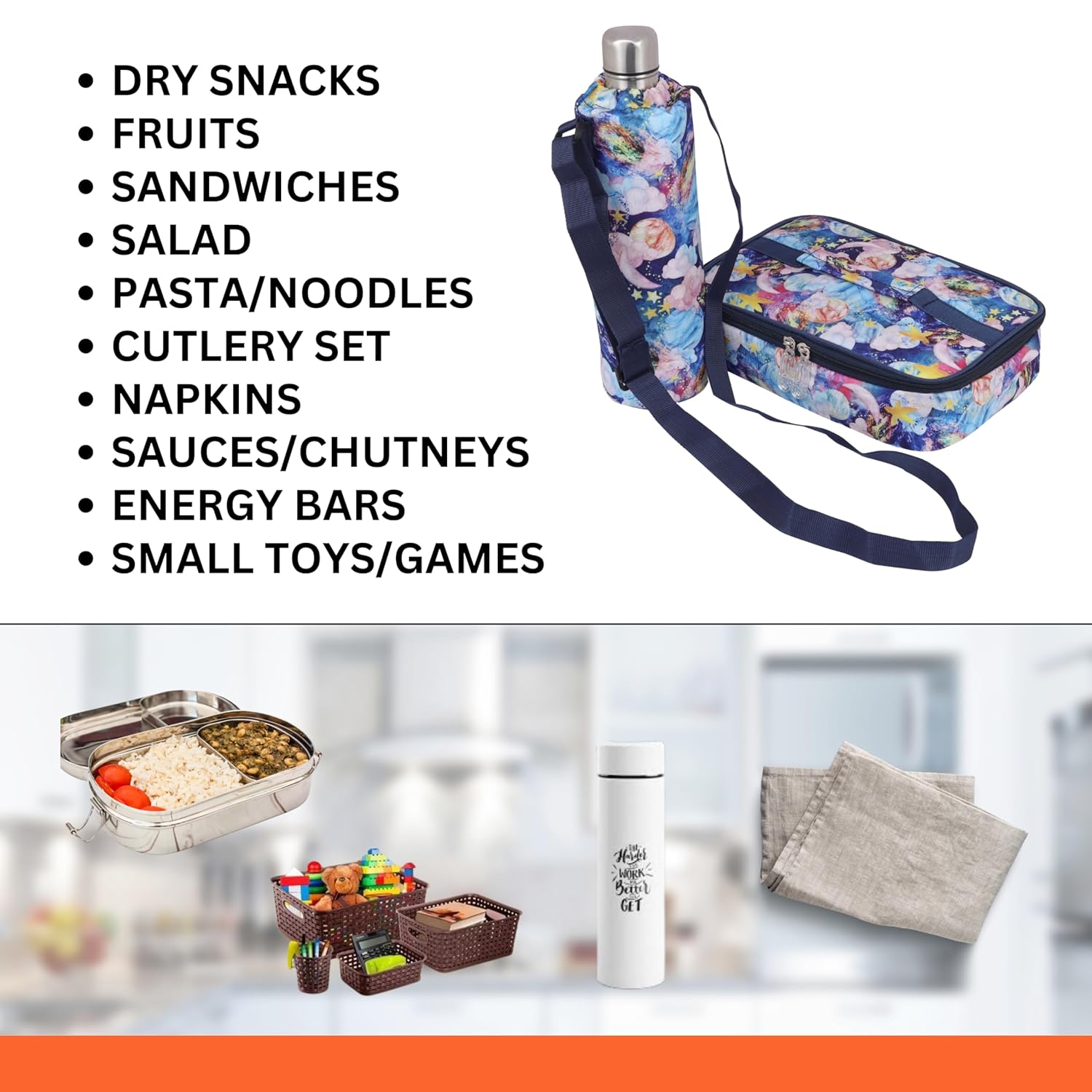 Echo Boomers Multi-Color Clouds Theme Printed Large Insulated Lunch Bag with Mesh Compartment & Water Bottle Combo - Navy Blue