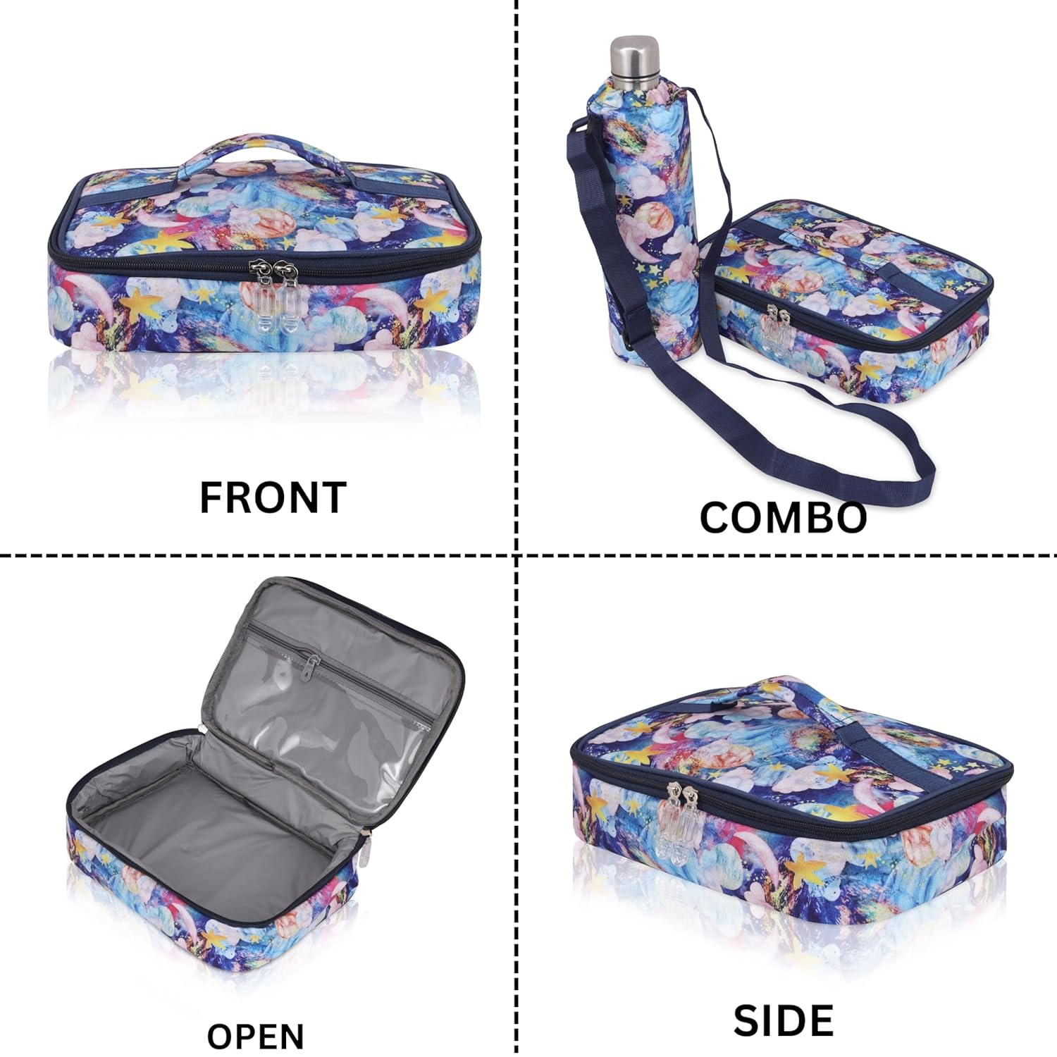 Echo Boomers Multi-Color Clouds Theme Printed Large Insulated Lunch Bag with Mesh Compartment & Water Bottle Combo - Navy Blue