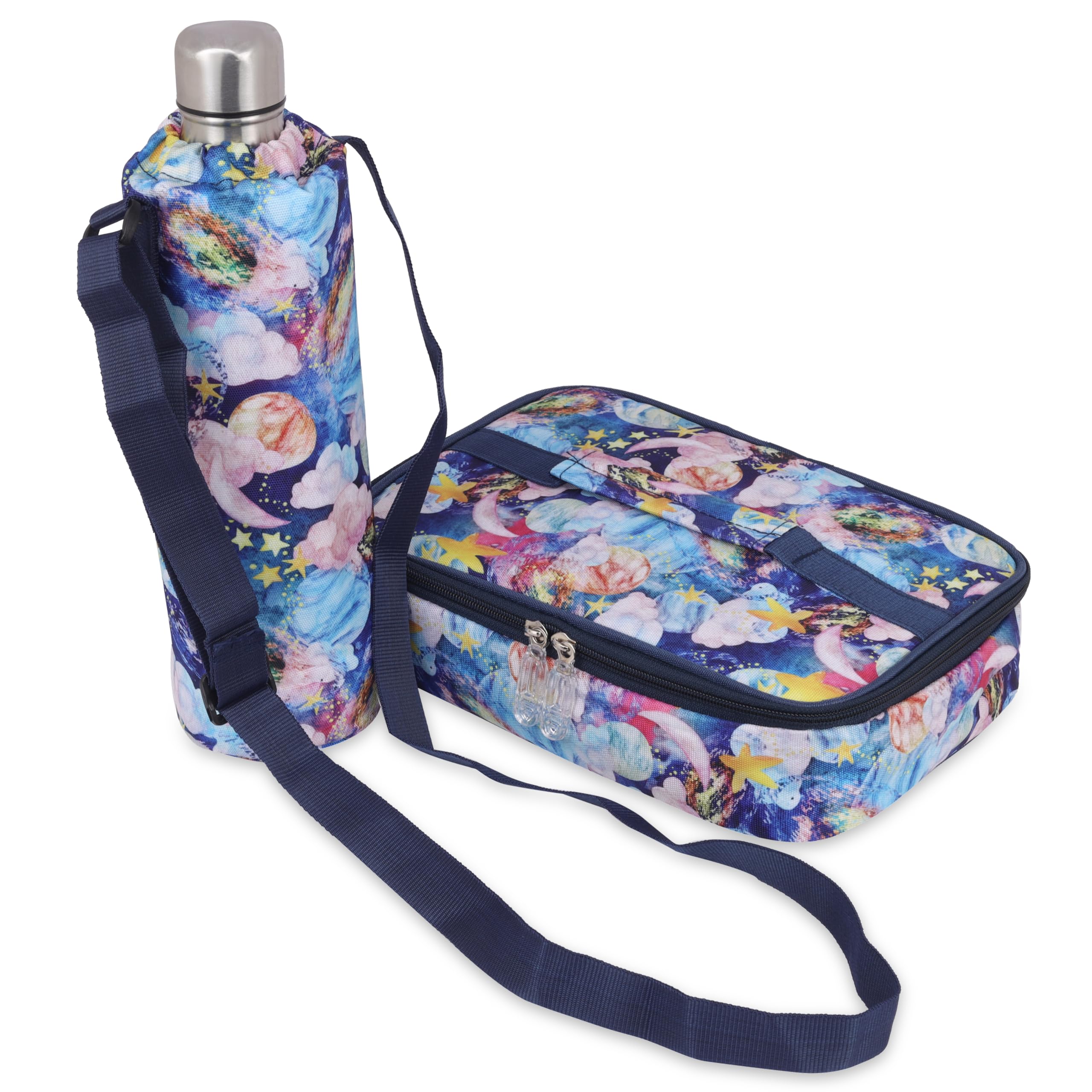 Echo Boomers Flower Designed Large Insulated Lunch Bag with Mesh Compartment & Water Bottle Combo - Sky Blue