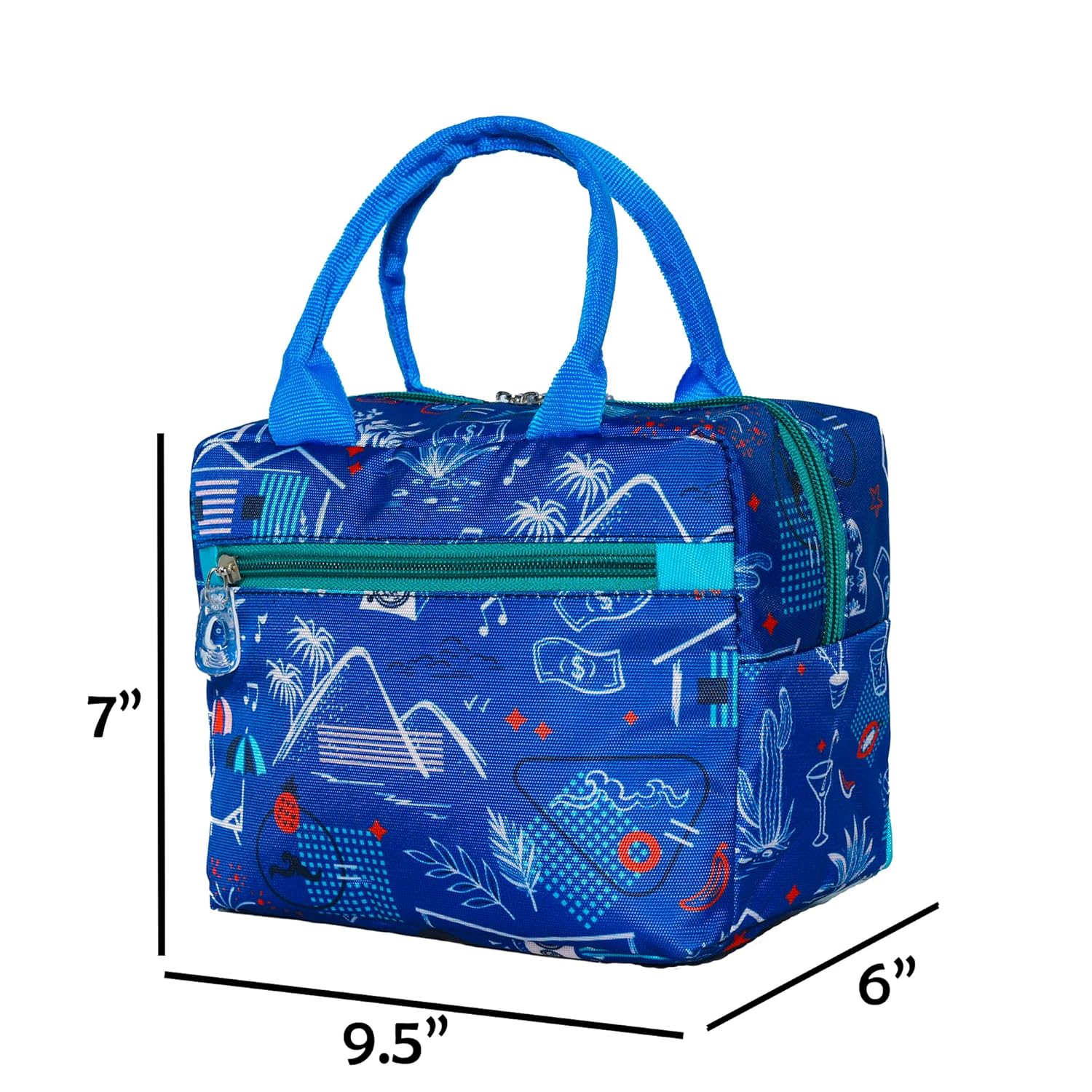 Echo Boomers Beach Printed Insulated Lunch Bag, Tiffin and Food Storage Bag for Work, Students, Office, Picnic, College & School with Multiple Zipper Pockets (Blue)