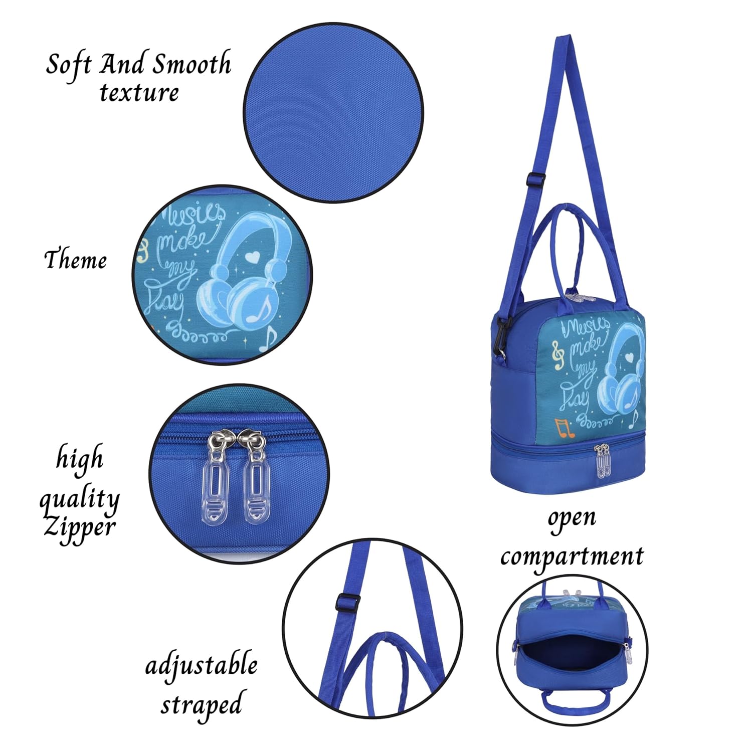 Echo Boomers Double Layer Insulated Tiffin Bag, Blue Music Print & Multi Pockets Spacious Lunch Bag with Long Strap