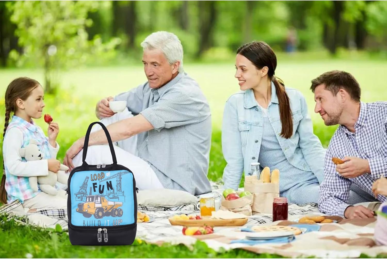 Echo Boomers Double Layer Insulated Tiffin Lunch Bag - Cool Blue Cars Print, Multi Pockets & Long Strap