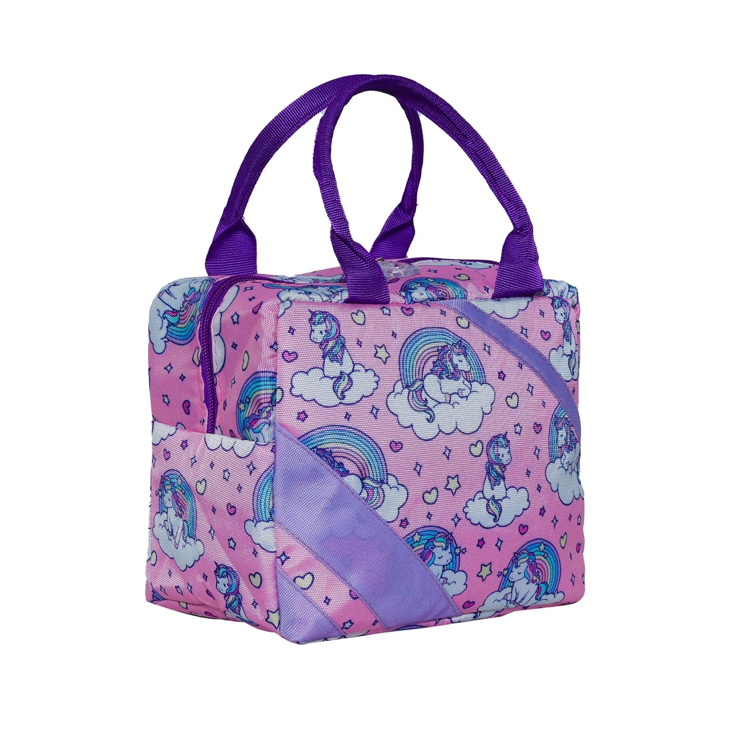 Echo Boomers Unicorn Printed Insulated Lunch Bag, Tiffin and Food Storage Bag for Work, Students, Office, Picnic, College & School with Multiple Zipper Pockets (Purple)