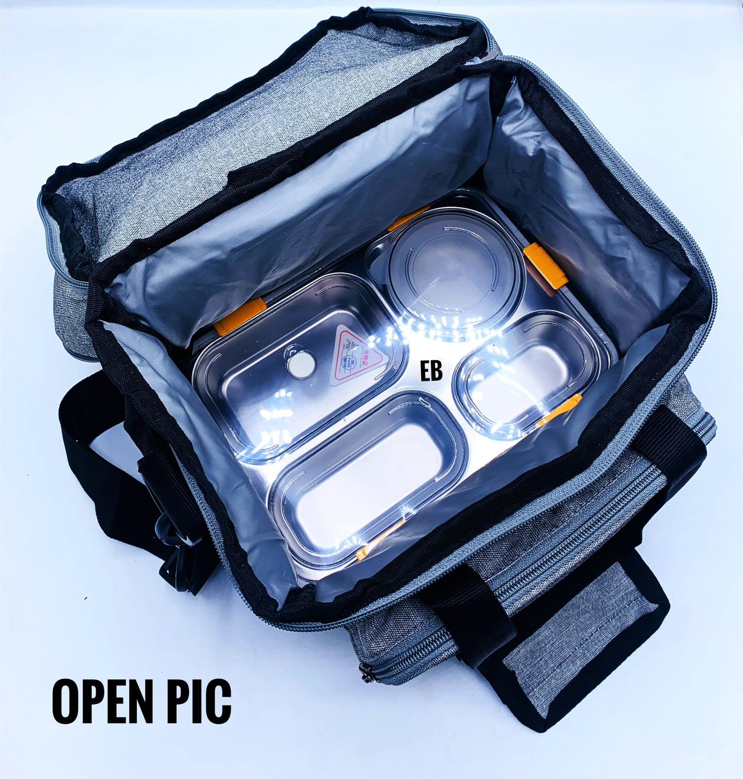 Echo Boomers Grey Colour Solid Textured Large Insulated Tiffin Lunch Double Bag with Multi Zipper Pockets Lunch Double for Men, Women and Teens,Tiffin Bag for Work,Office |