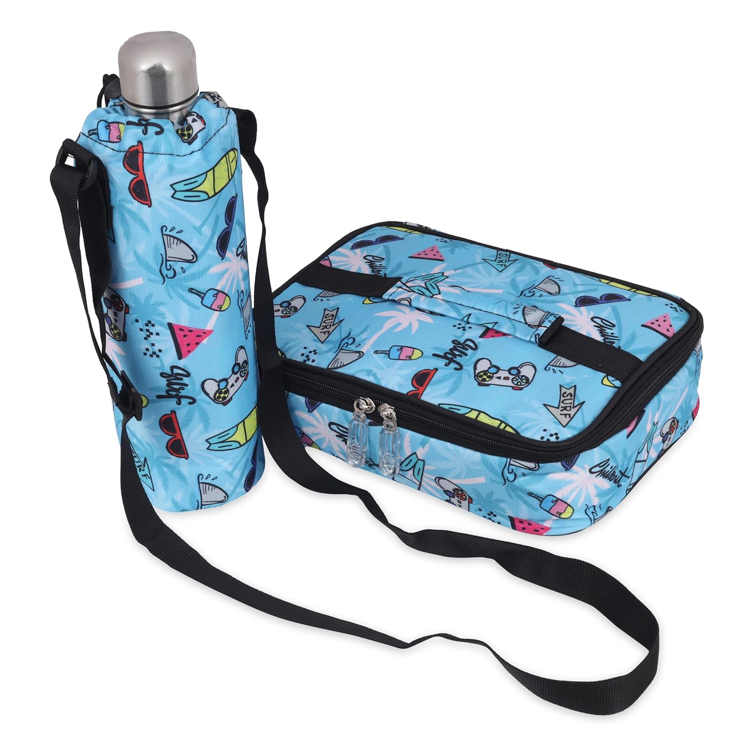 Echo Boomers Beach Theme Printed Large Insulated Lunch Bag with Mesh Compartment & Water Bottle Combo - Light Blue