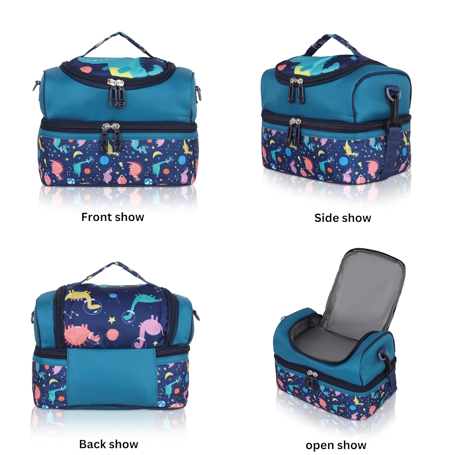 Echo Boomers Blue Dino Printed Double Layer Insulated Tiffin Lunch Bag with Detachable Strap