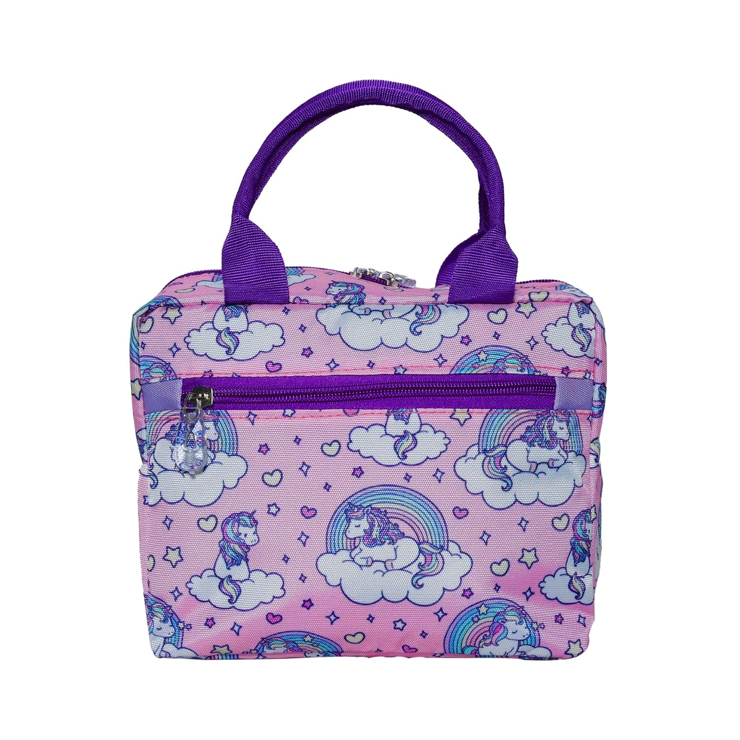 Echo Boomers Unicorn Printed Insulated Lunch Bag, Tiffin and Food Storage Bag for Work, Students, Office, Picnic, College & School with Multiple Zipper Pockets (Purple)