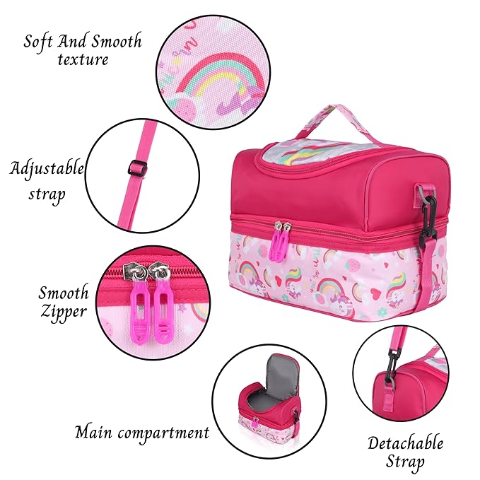 Echo Boomers Pink Unicorn Printed Double Layer Insulated Tiffin Lunch Bag with Detachable Strap