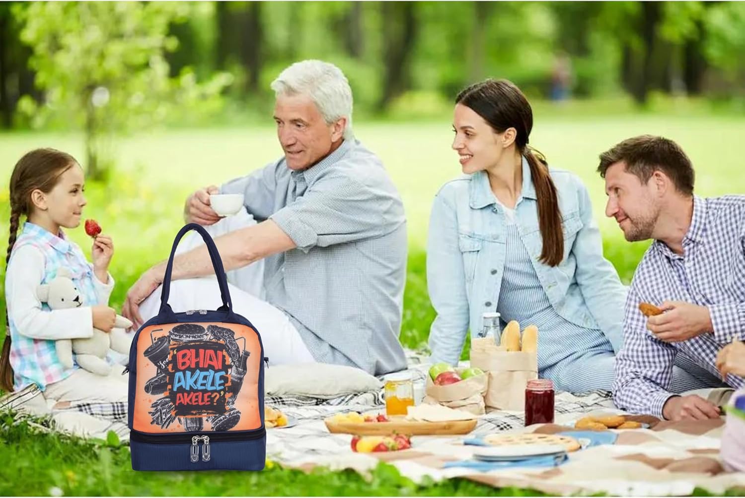 Echo Boomers Double Layer Tiffin Lunch Bag - Bhai Akele Akele Text Print, Insulated Tiffin Bag with Multi Pockets & Long Strap