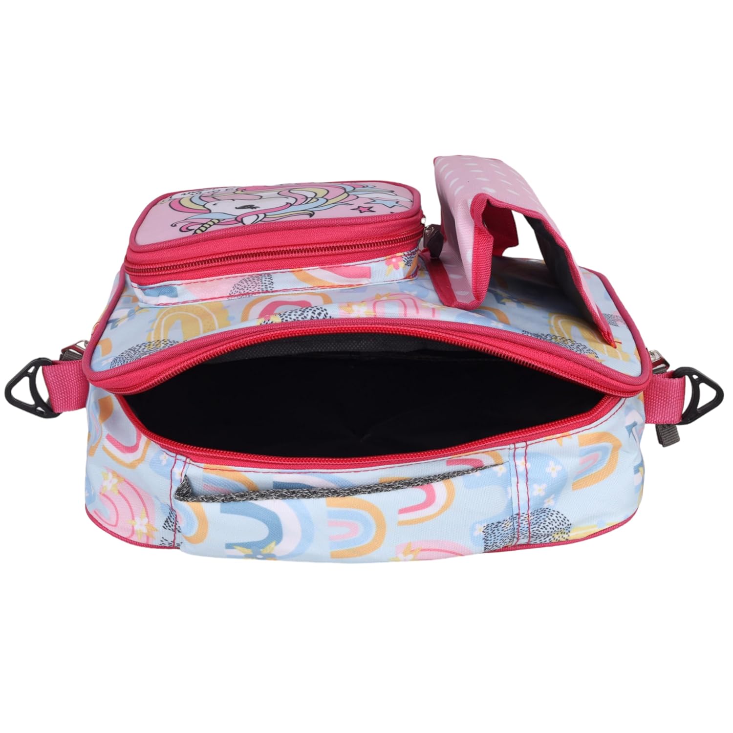 Echo Boomers Unicorn Print Pink Insulated Tiffin Lunch Bags for Kids with Multi Zipper Pockets