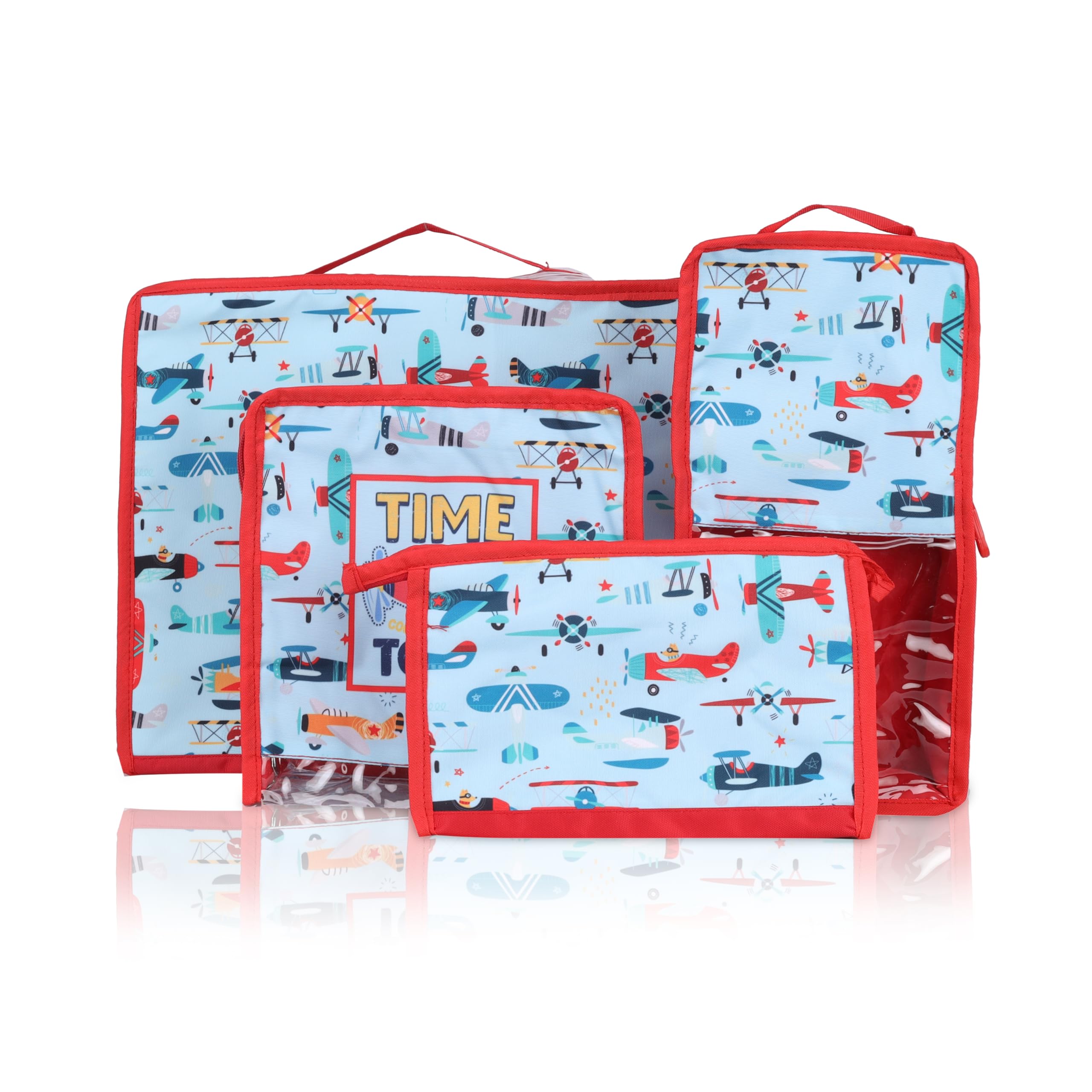 Echo Boomers Time to Fly 4-Piece Travel Organizer Set | Travel accessories - Red and Sky Blue Packing Cubes with Rocket and Airplane Print