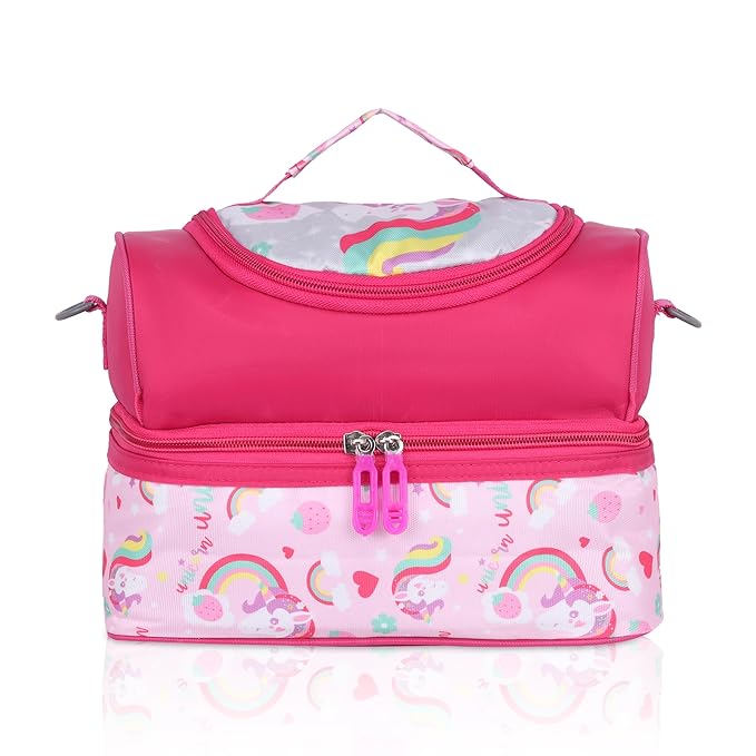 Echo Boomers Pink Unicorn Printed Double Layer Insulated Tiffin Lunch Bag with Detachable Strap