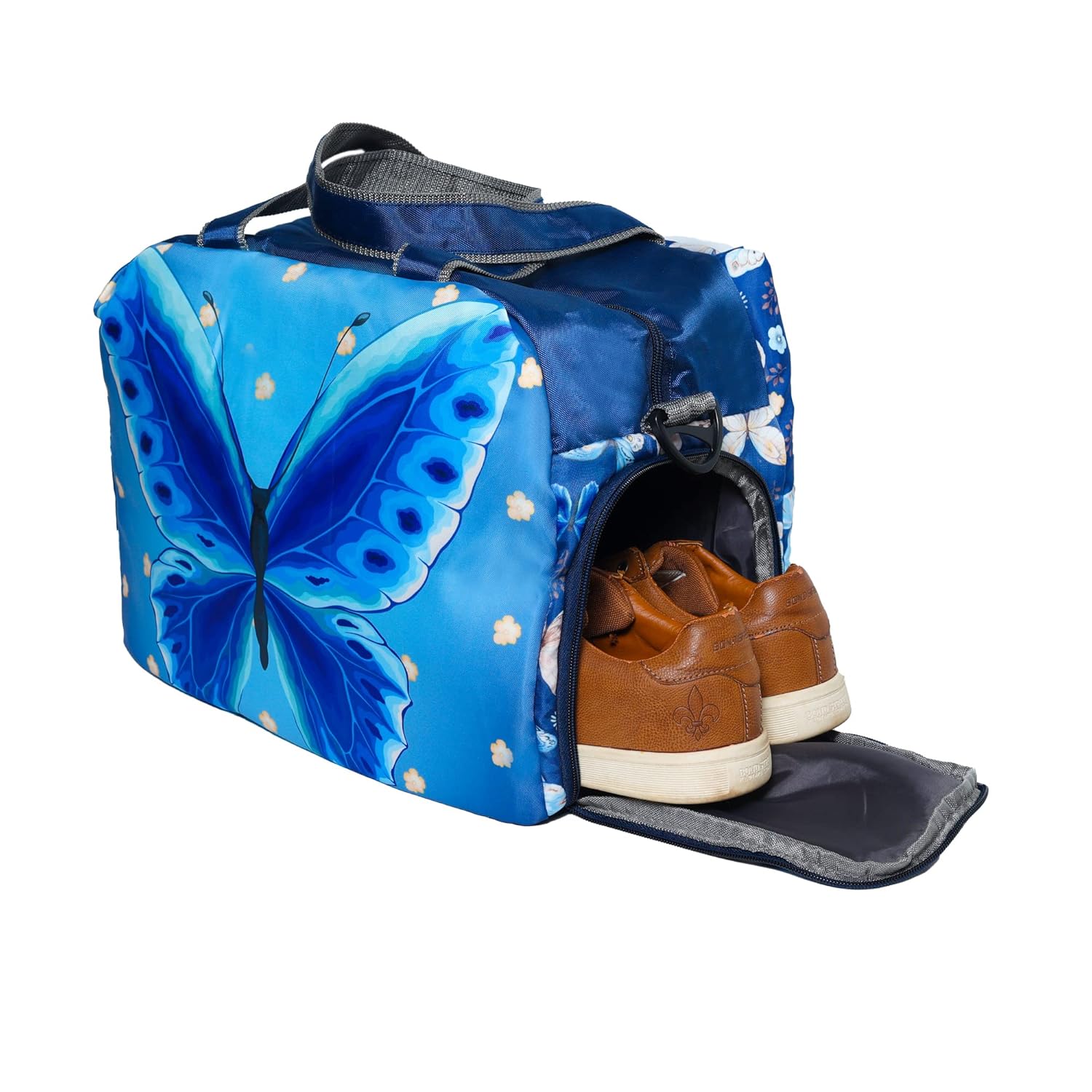 Echo Boomers Blue Butterfly Print Travel Duffle Bag | Multipurpose Sling Bag with Separate Shoe & Laundry Compartment | Perfect for Kids, Men & Women | Lightweight, Durable & Stylish Travel Companion