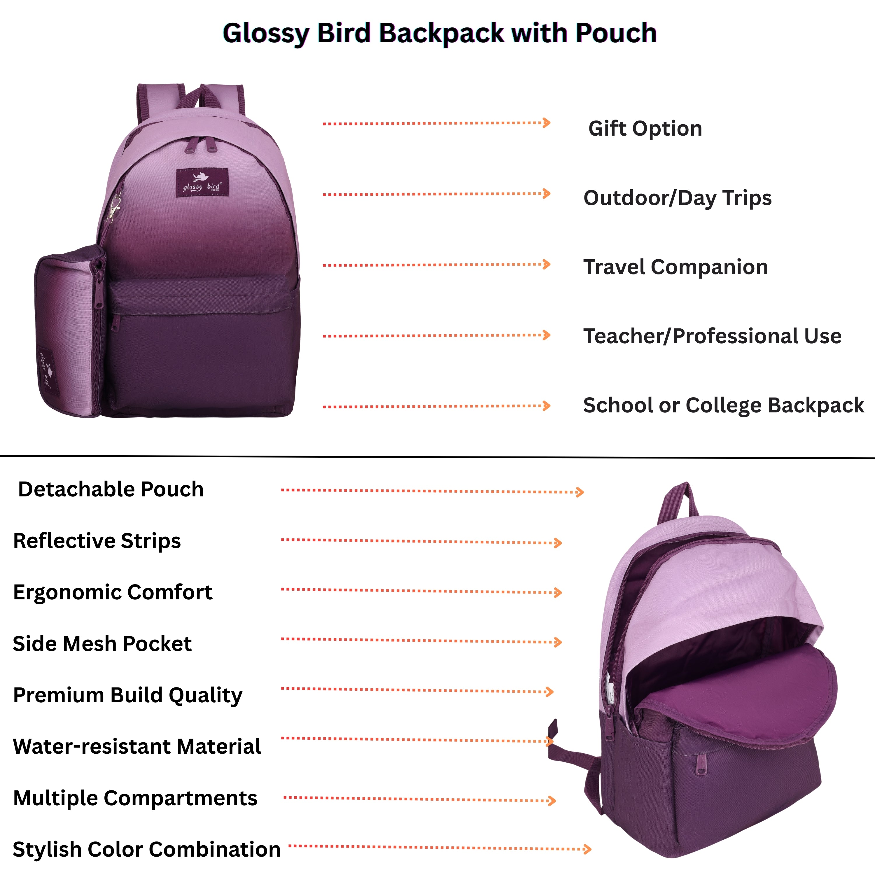 Echo Boomers Glossy Bird Backpack with Pouch – Casual Backpack with Compartments, Front Pocket, Bottle Holder – Ideal for School, College, Travel – Boys, Girls, Men, Women (Pink)