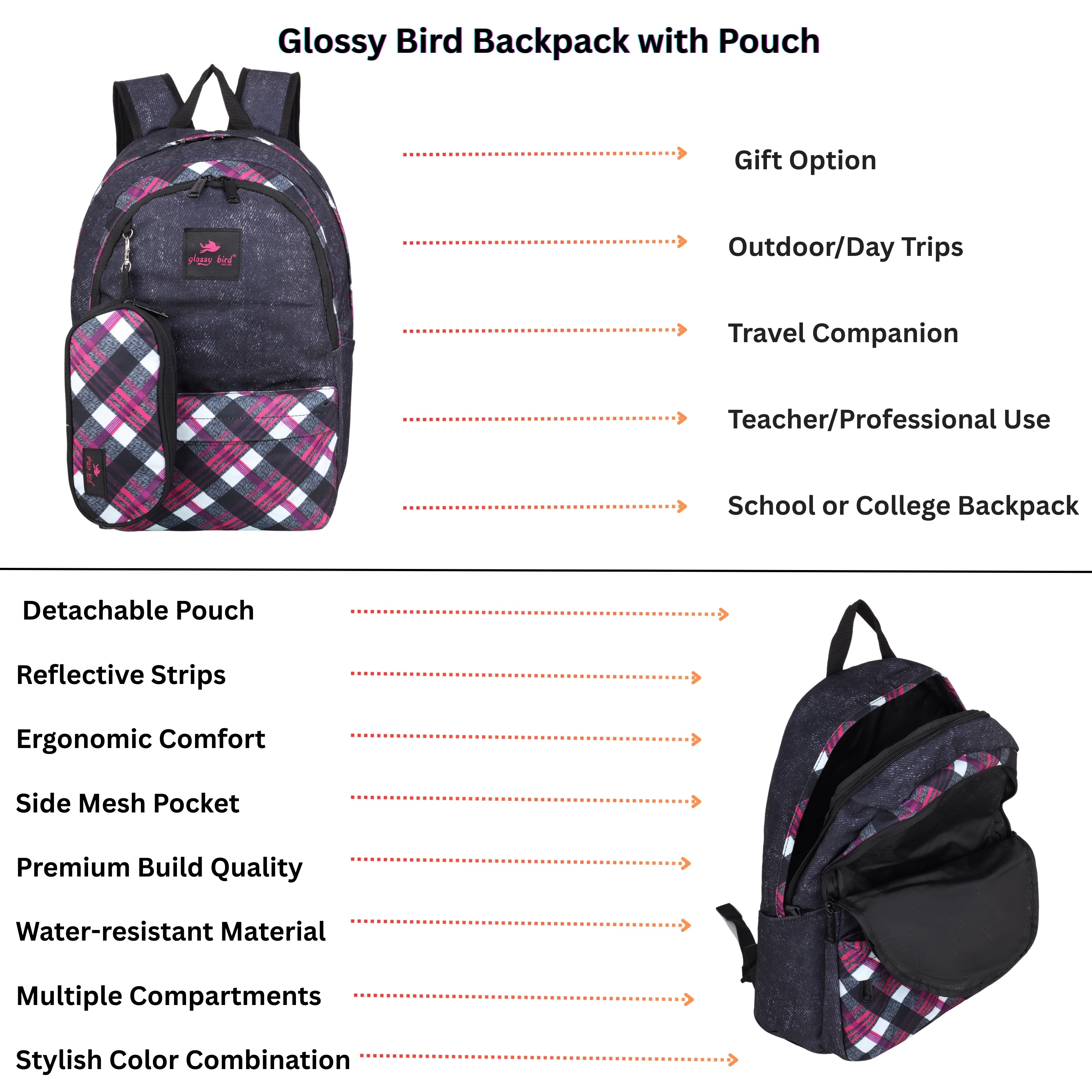 Echo Boomers Glossy Bird 21L Unisex Backpack with Pouch – Stylish Check Design, 3 Compartments, Front Pocket, Bottle Holder – Water-Resistant School, Travel, Office Bag (Yellow