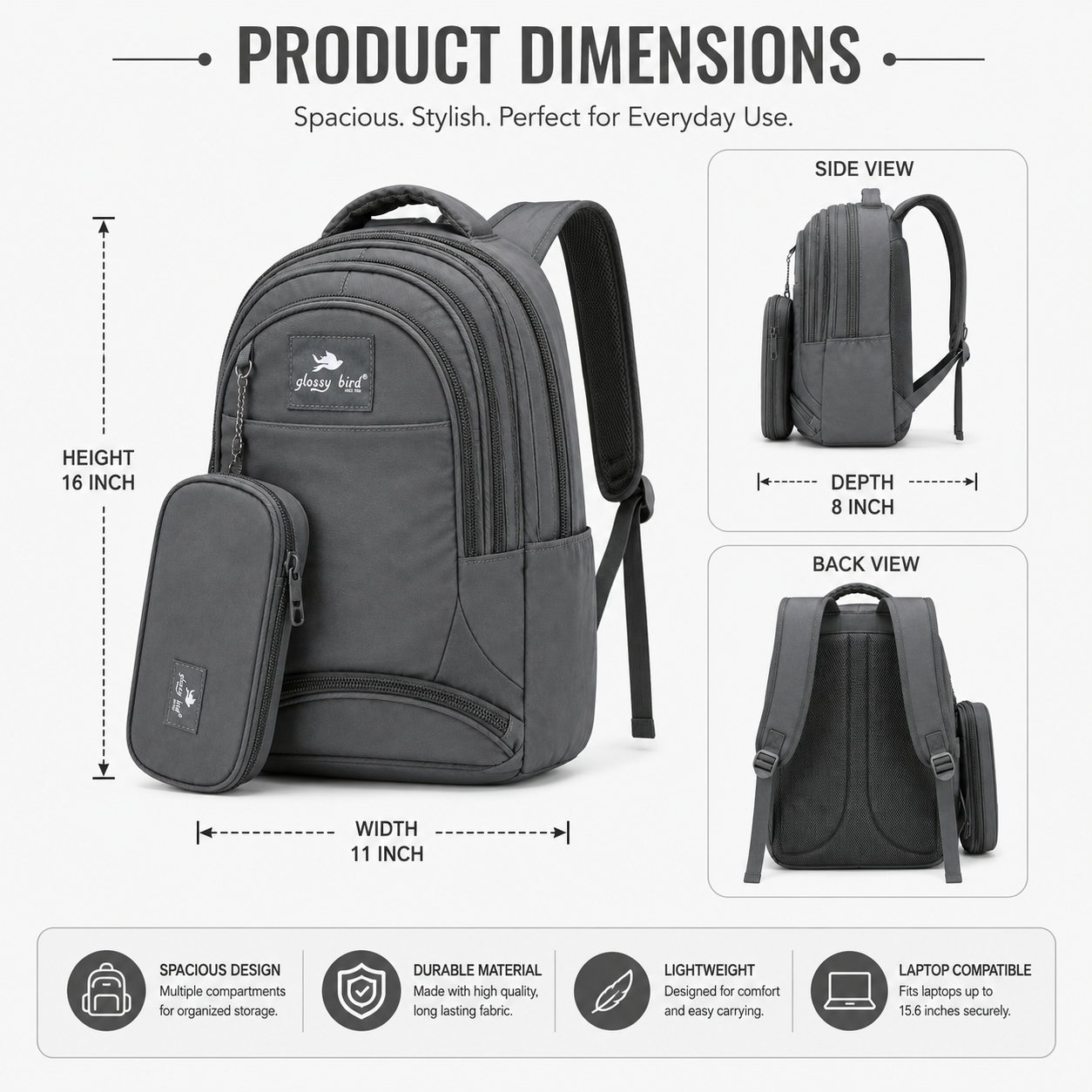 Echo Boomers Glossy Bird Explorer Backpack with Pencil Pouch | Lightweight Water-Resistant School, College, Office & Travel Backpack with Multiple Compartments