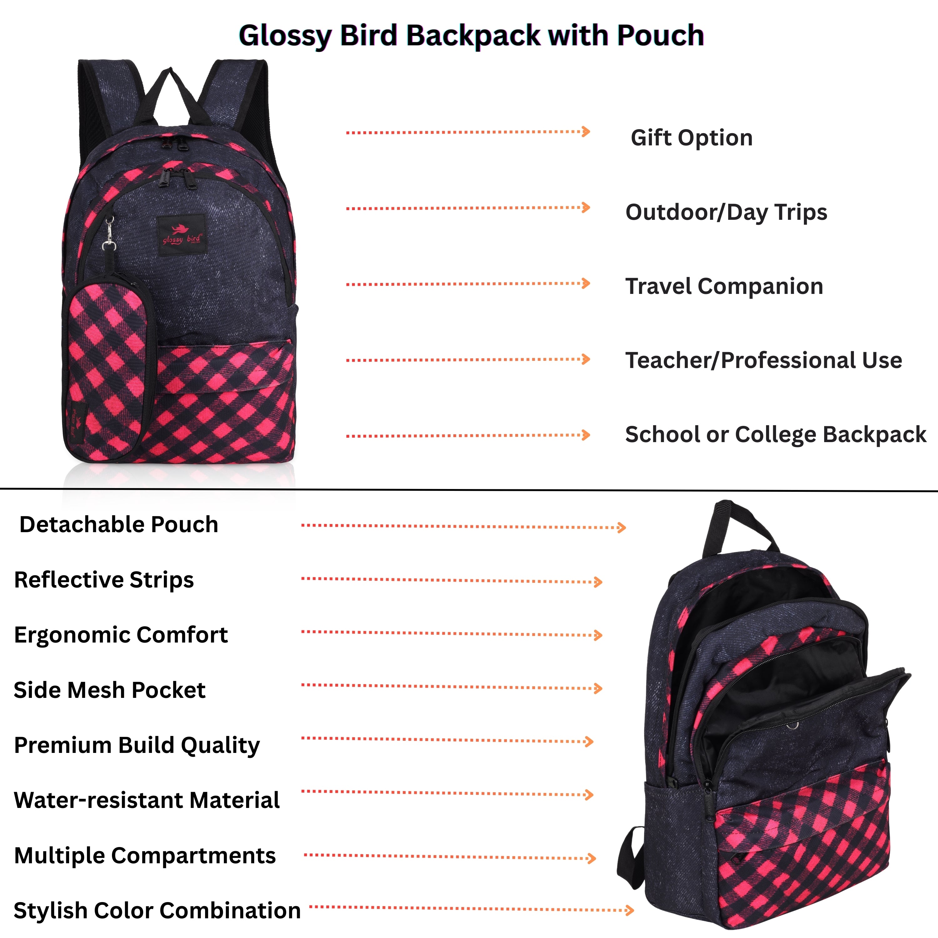 Echo Boomers Glossy Bird 21L Unisex Backpack with Pouch – Stylish Check Design, 3 Compartments, Front Pocket, Bottle Holder – Water-Resistant School, Travel, Office Bag (Yellow