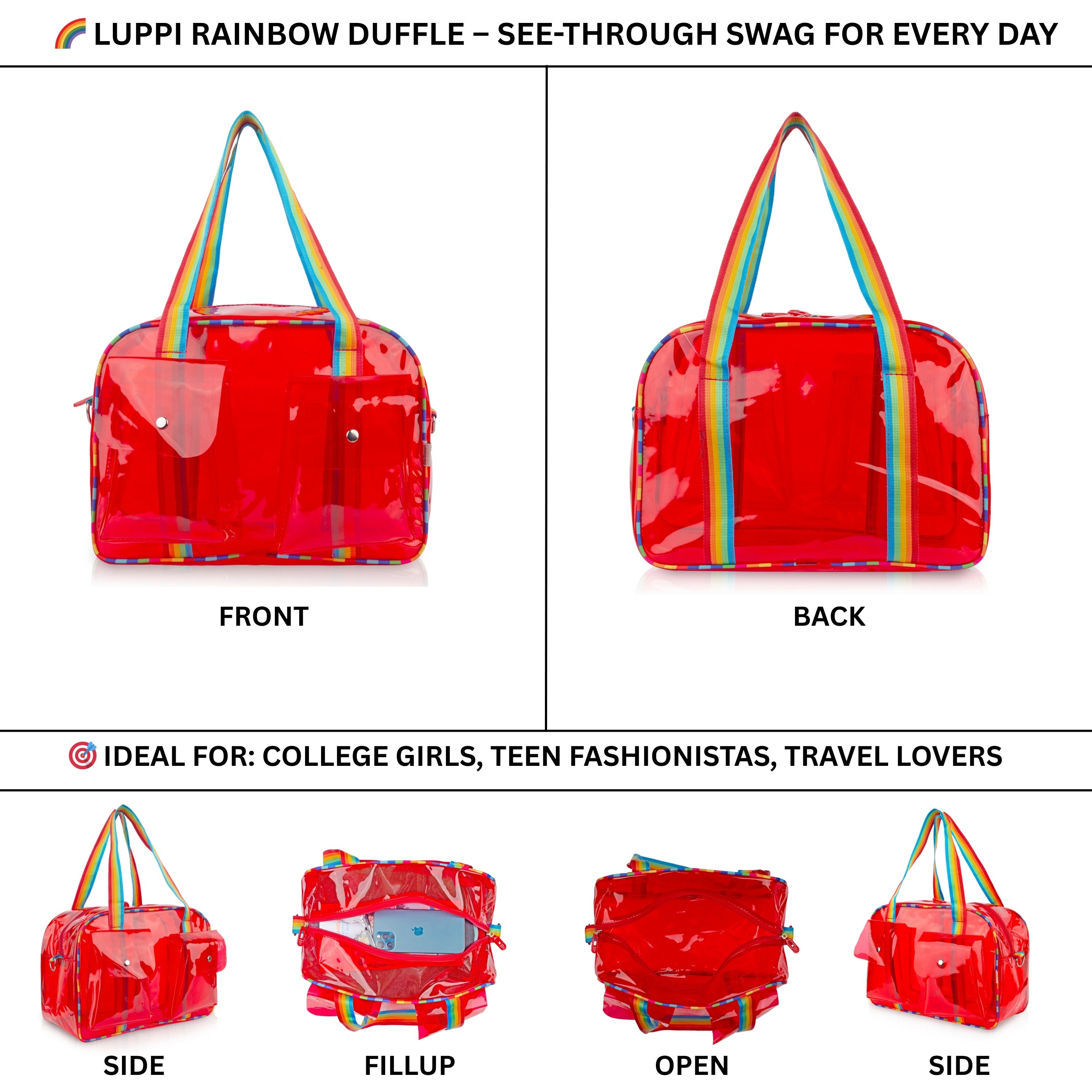 Echo Boomers Unisex Transparent Jelly Duffle Bag – Trendy  Travel Tote with Rainbow Straps & Dual Front Pockets – Fashion Gym, College & Weekend Bag
