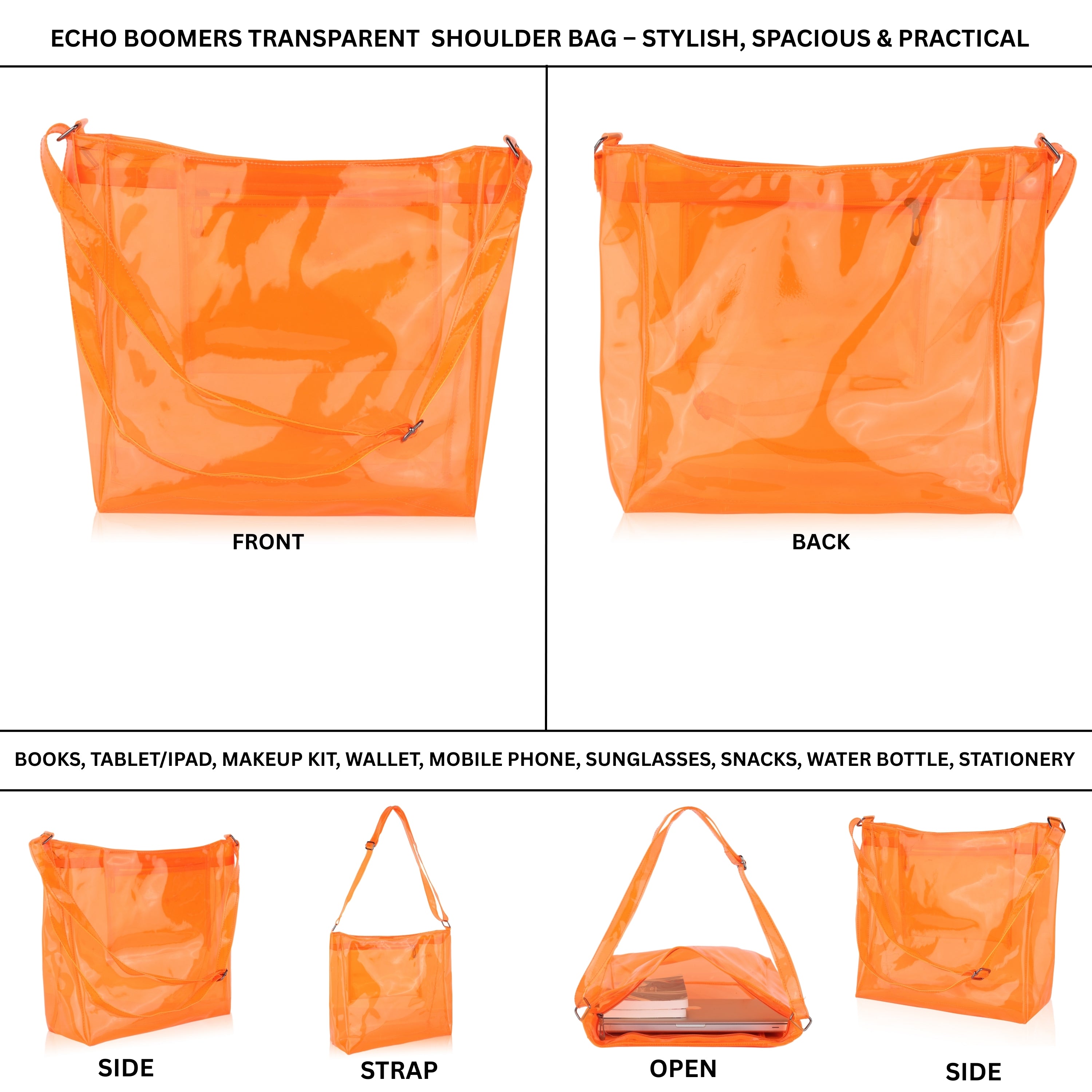 Echo Boomers Transparent Shoulder Bag – Neon Orange, Pink, Green ,Purple, Yellow & Blue| Stylish, Spacious, Durable & Multipurpose PVC Tote