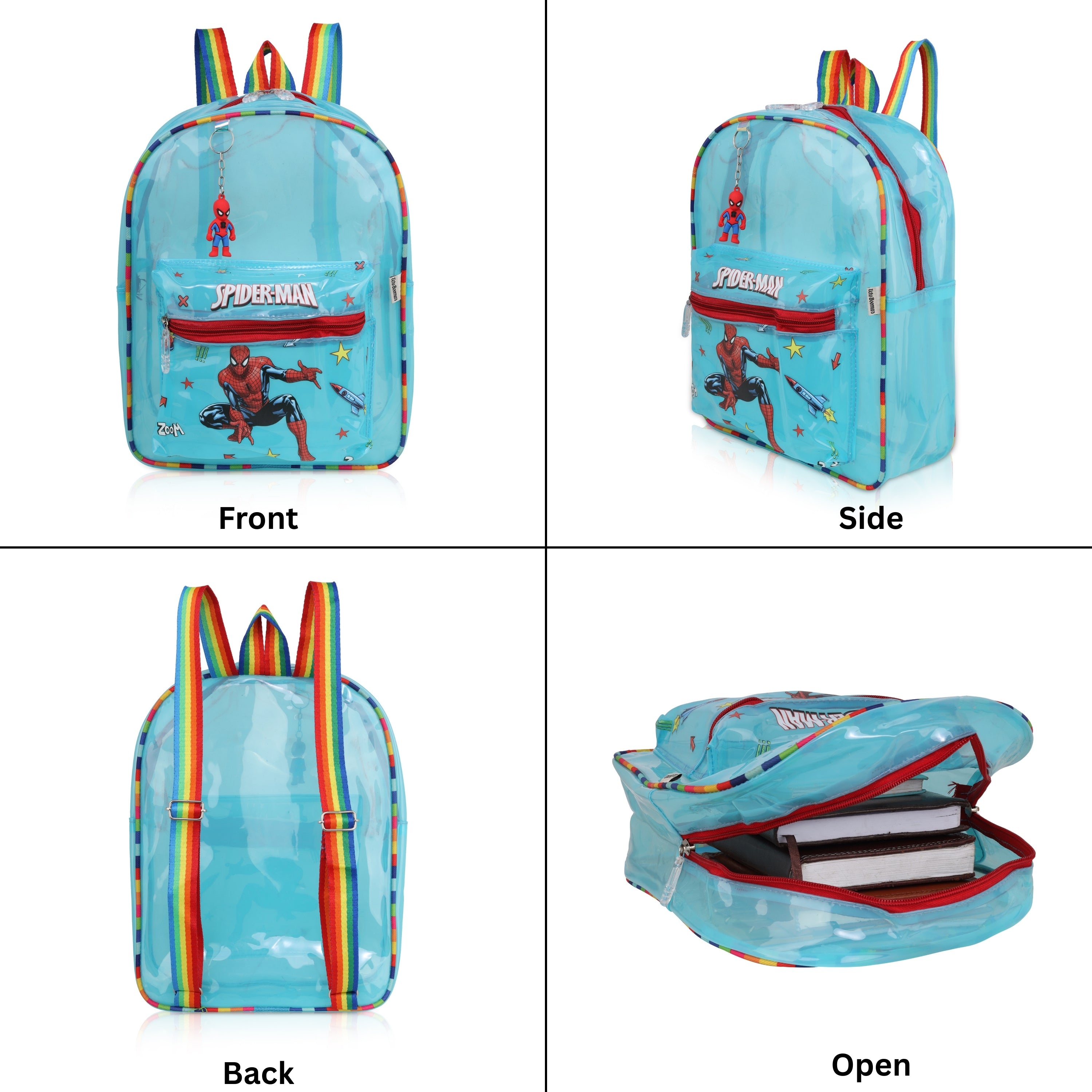 Echo Boomers Blue Jelly Backpack Stylish, Lightweight & Durable with Spiderman Print, Transparent Soft Plastic, Adjustable Straps, Sturdy Handle, Premium Zipper & Versatile Design for School, Play & Everyday Adventures.