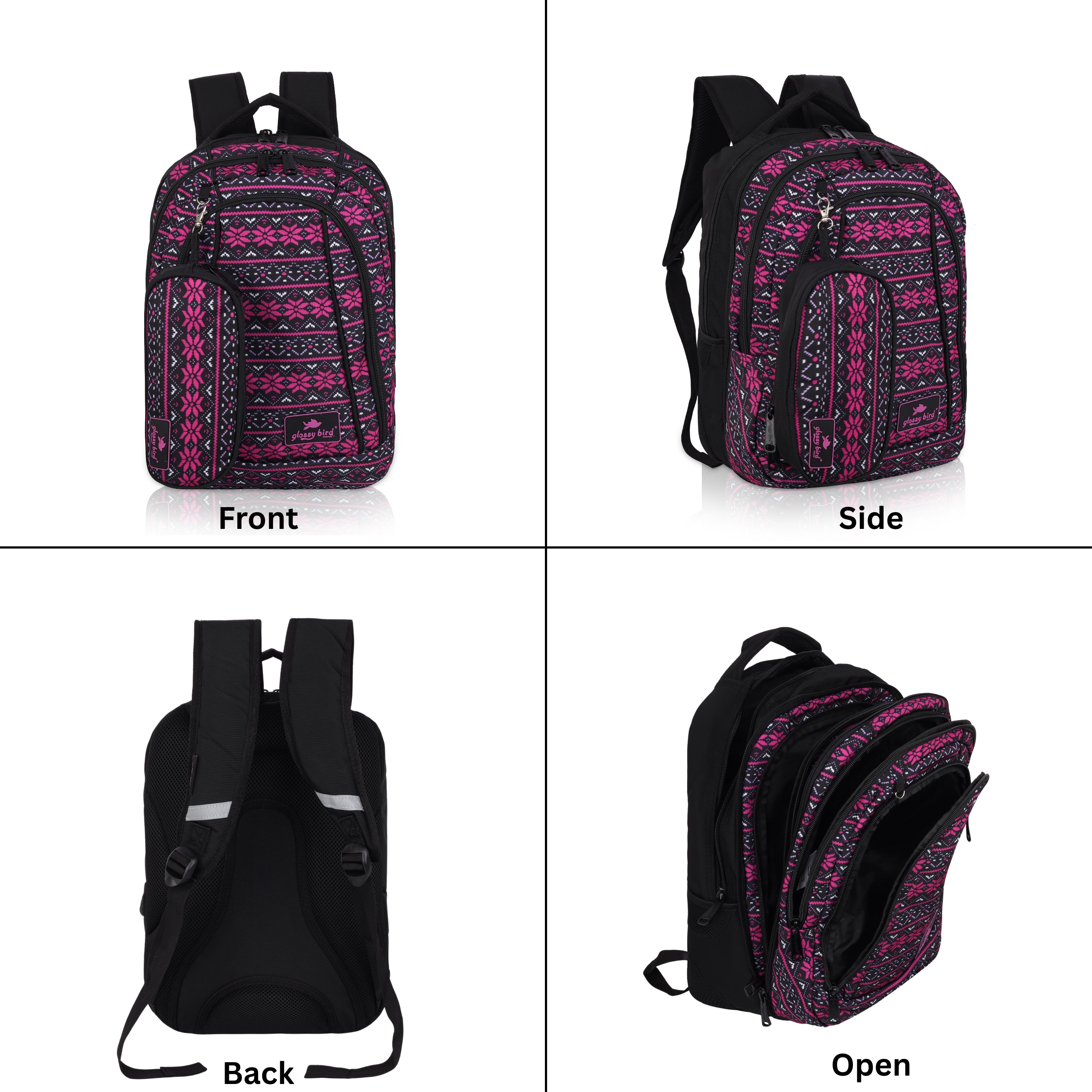 Echo Boomers Glossy Bird Unisex Backpack for School, Office & Travel – Water-Resistant, Lightweight Bag with 4 Compartments, Bottle Holder, Detachable Pouch & Ergonomic Straps (Purple)